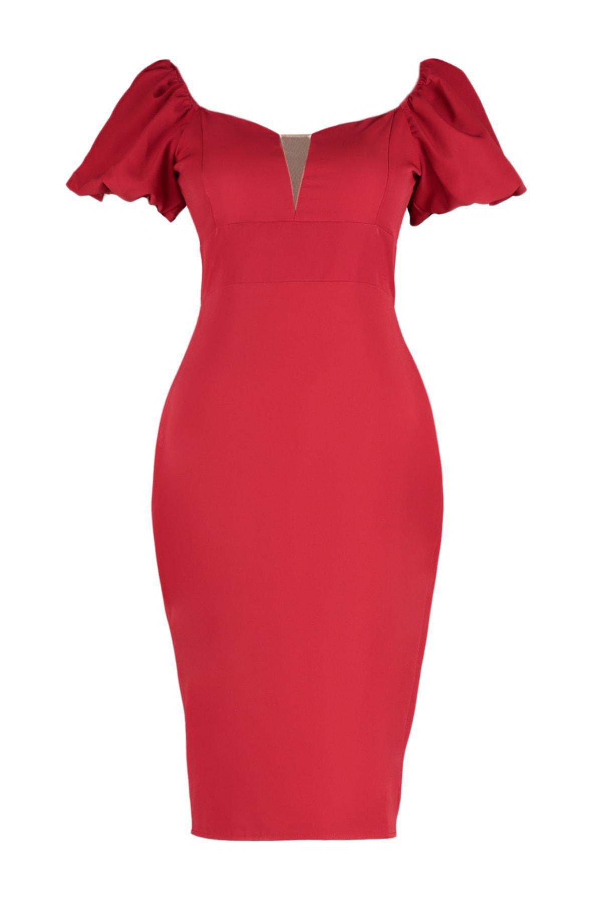 Red Midi Strapless Plus Size Dress, , large image number 5