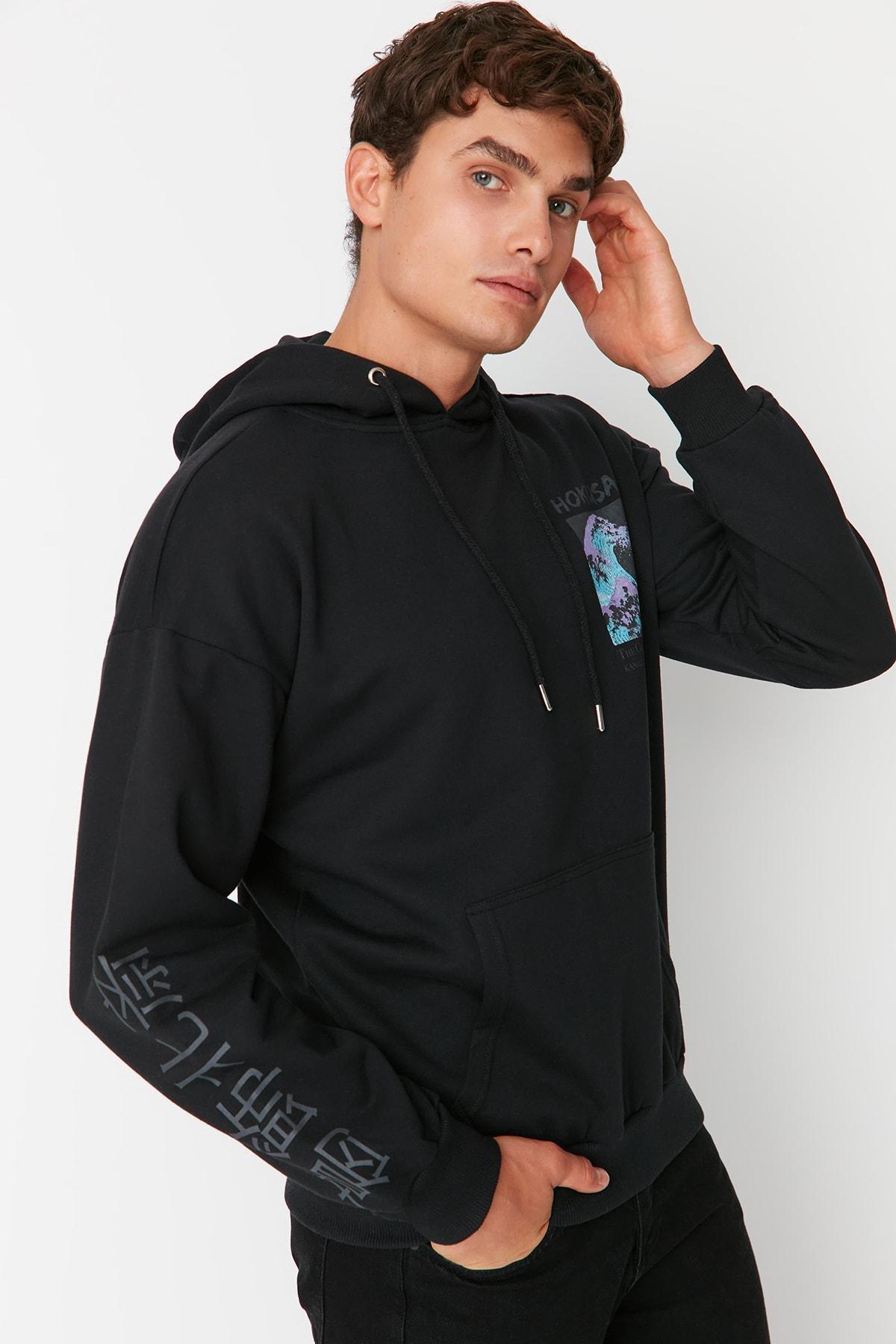 Trendyol - Black Oversize Hooded Sweatshirt