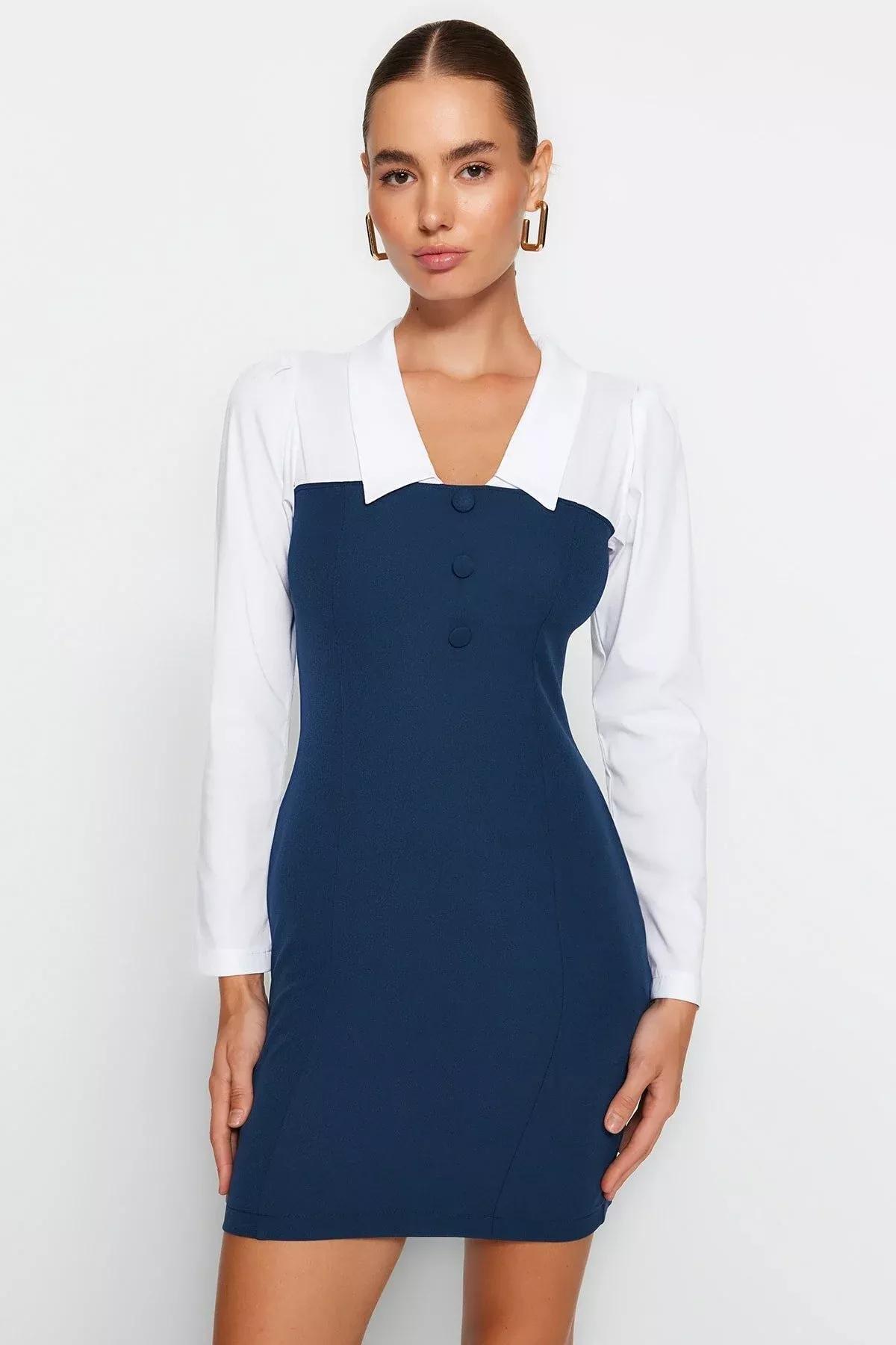 فستان منسوج بياقة، أزرق, Oil, large image number 1