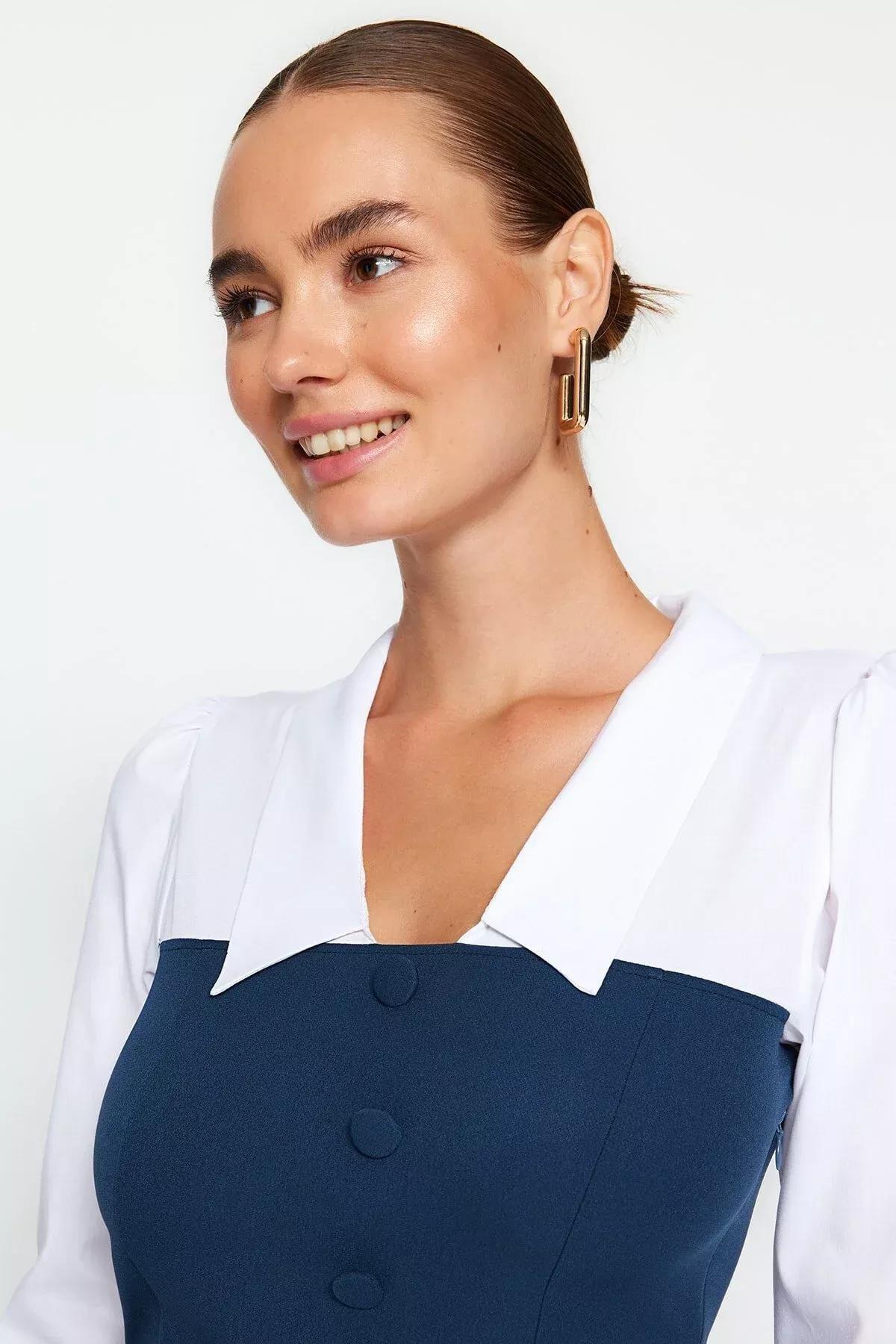 فستان منسوج بياقة، أزرق, Oil, large image number 2