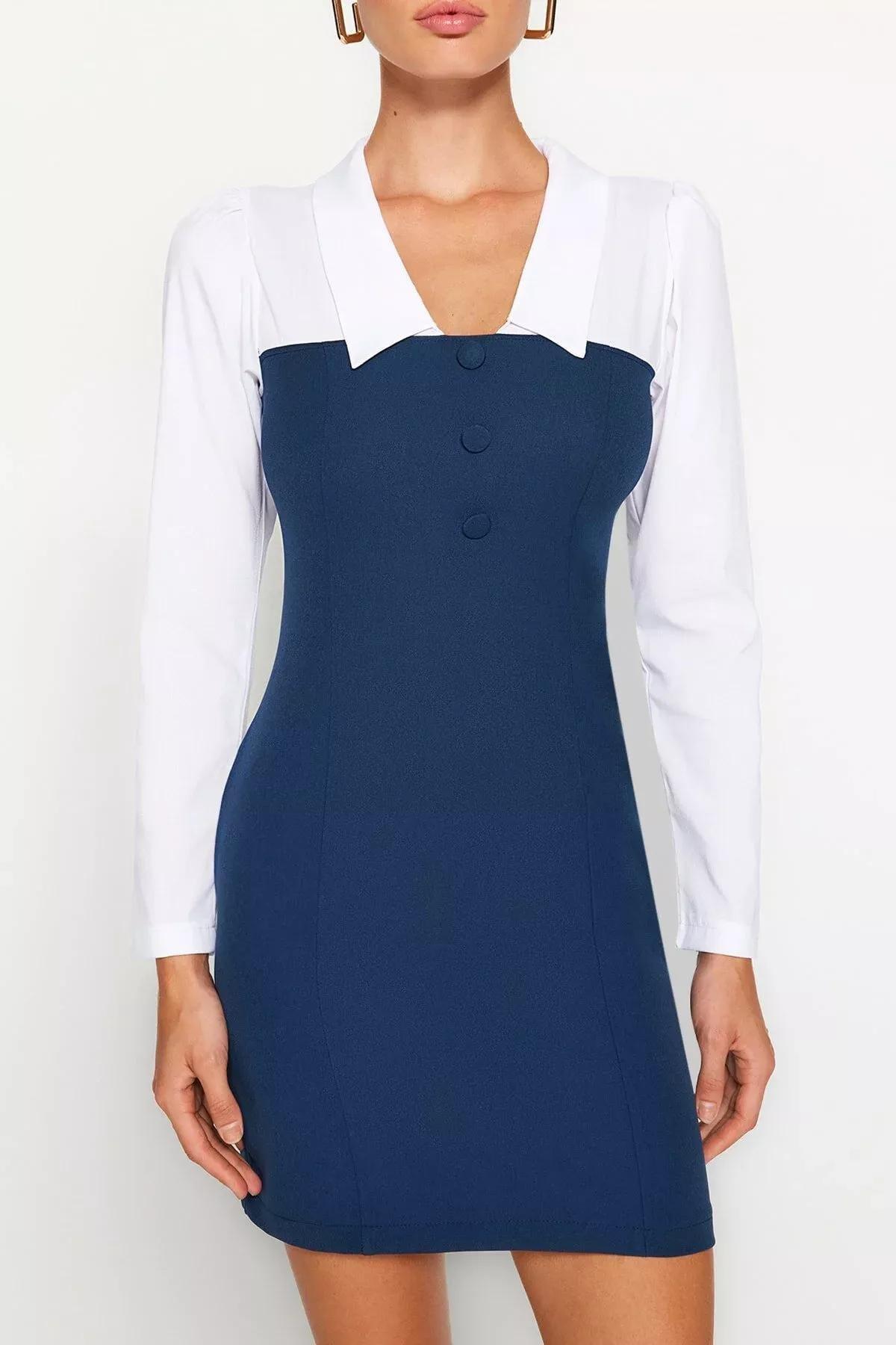 فستان منسوج بياقة، أزرق, Oil, large image number 3