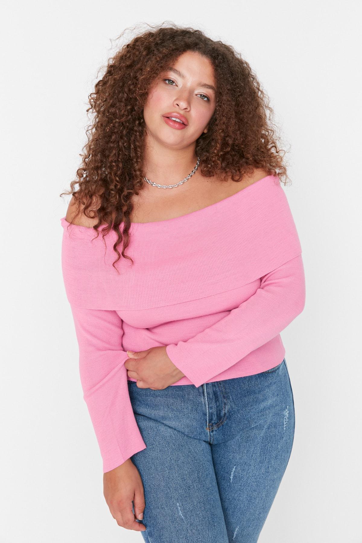Pink Boat Neck Plus Size Sweater, , large image number 0