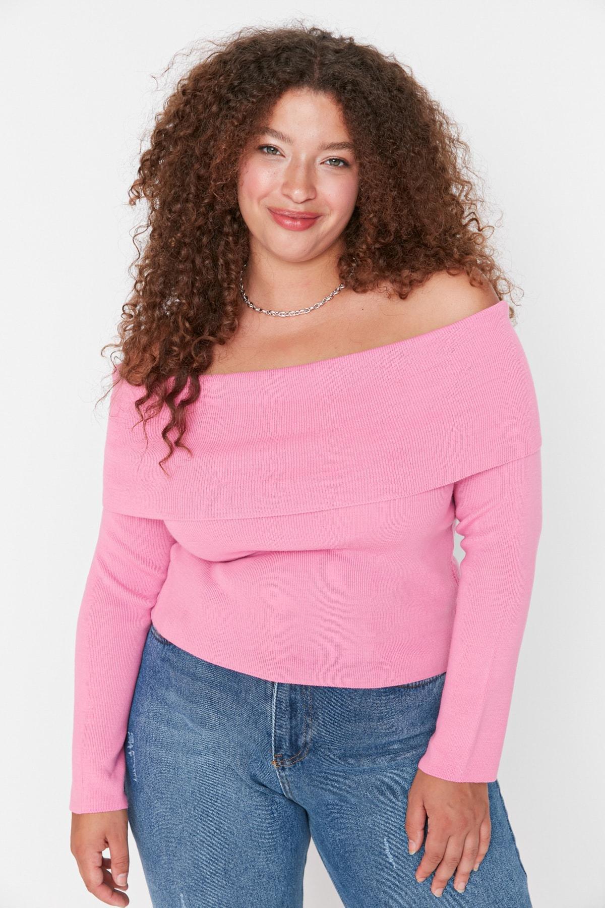 Pink Boat Neck Plus Size Sweater, , large image number 1