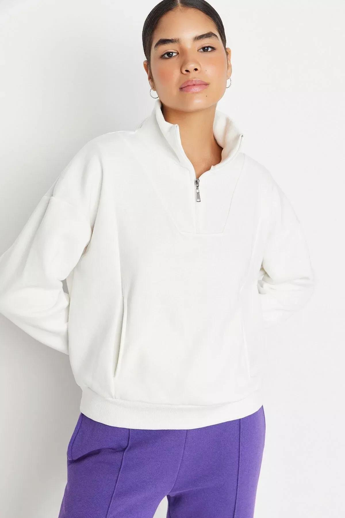 White Standing Collar Sweatshirt, Ecru, large image number 0
