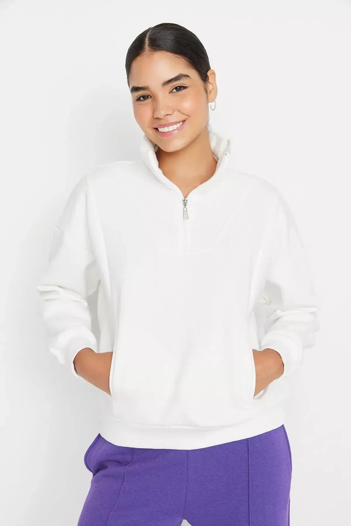 White Standing Collar Sweatshirt, Ecru, large image number 1