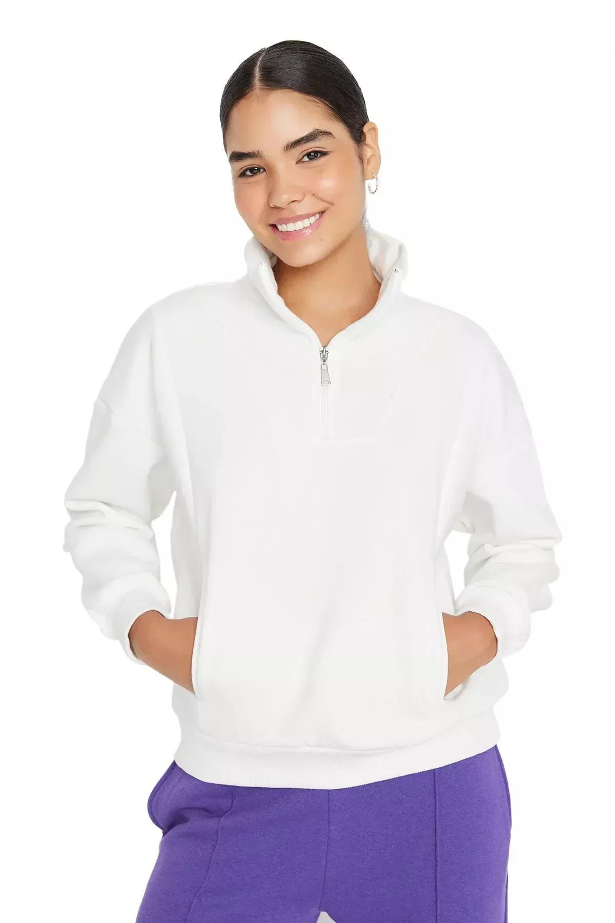 White Standing Collar Sweatshirt, Ecru, large image number 2