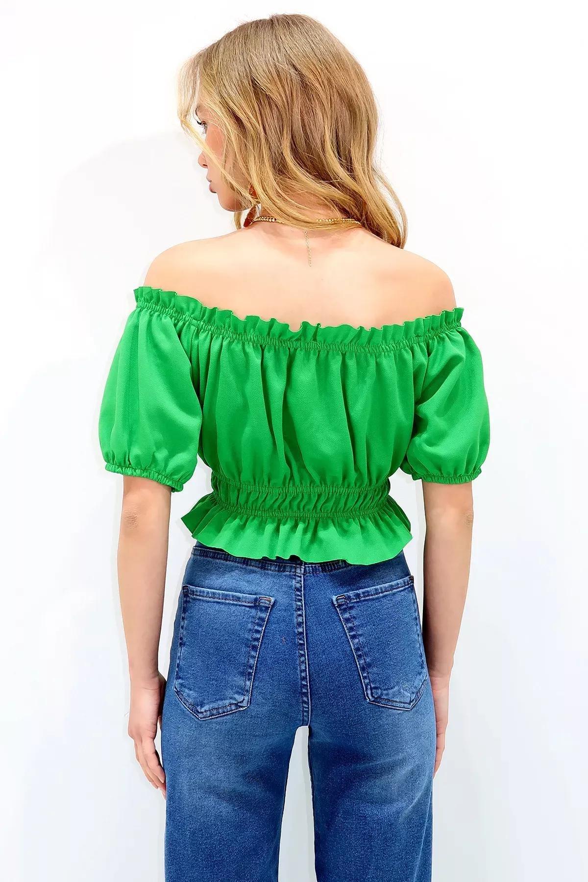Green Scoop Neck Off-Shoulder Blouse, Green, large image number 4