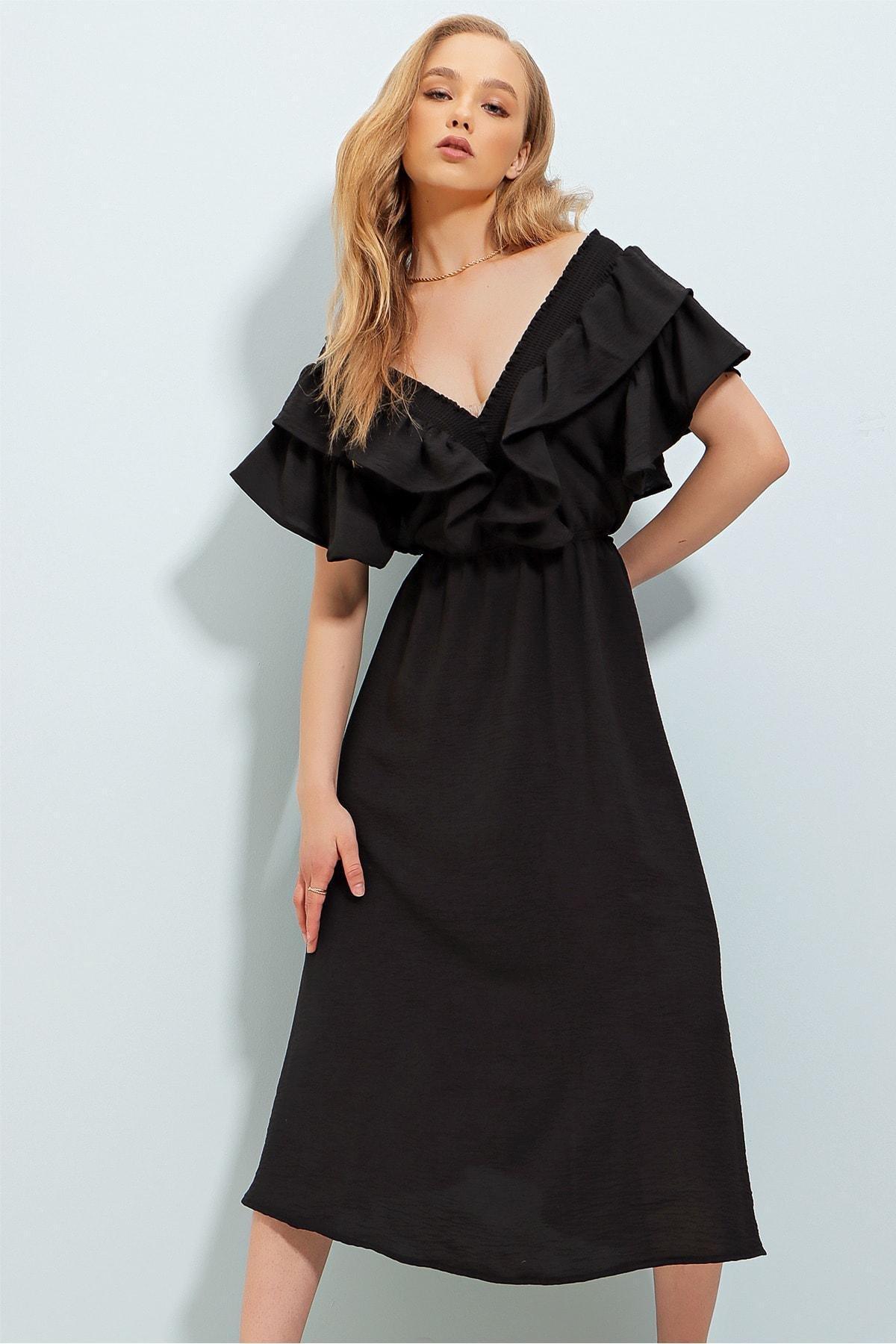 Black A-Line Ruffle Sleeve Dress, , large image number 1