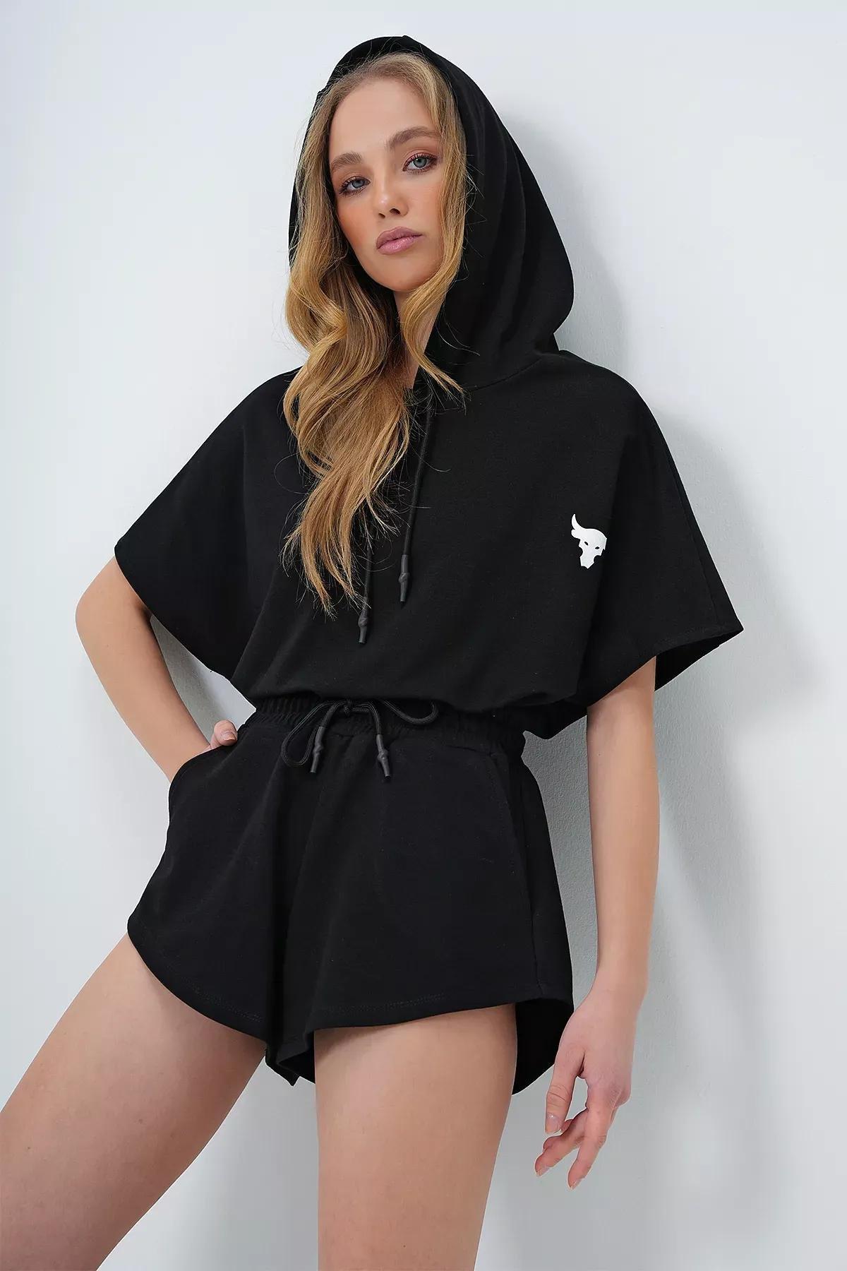 Black Hooded Printed Co-Ord Set, , large image number 0