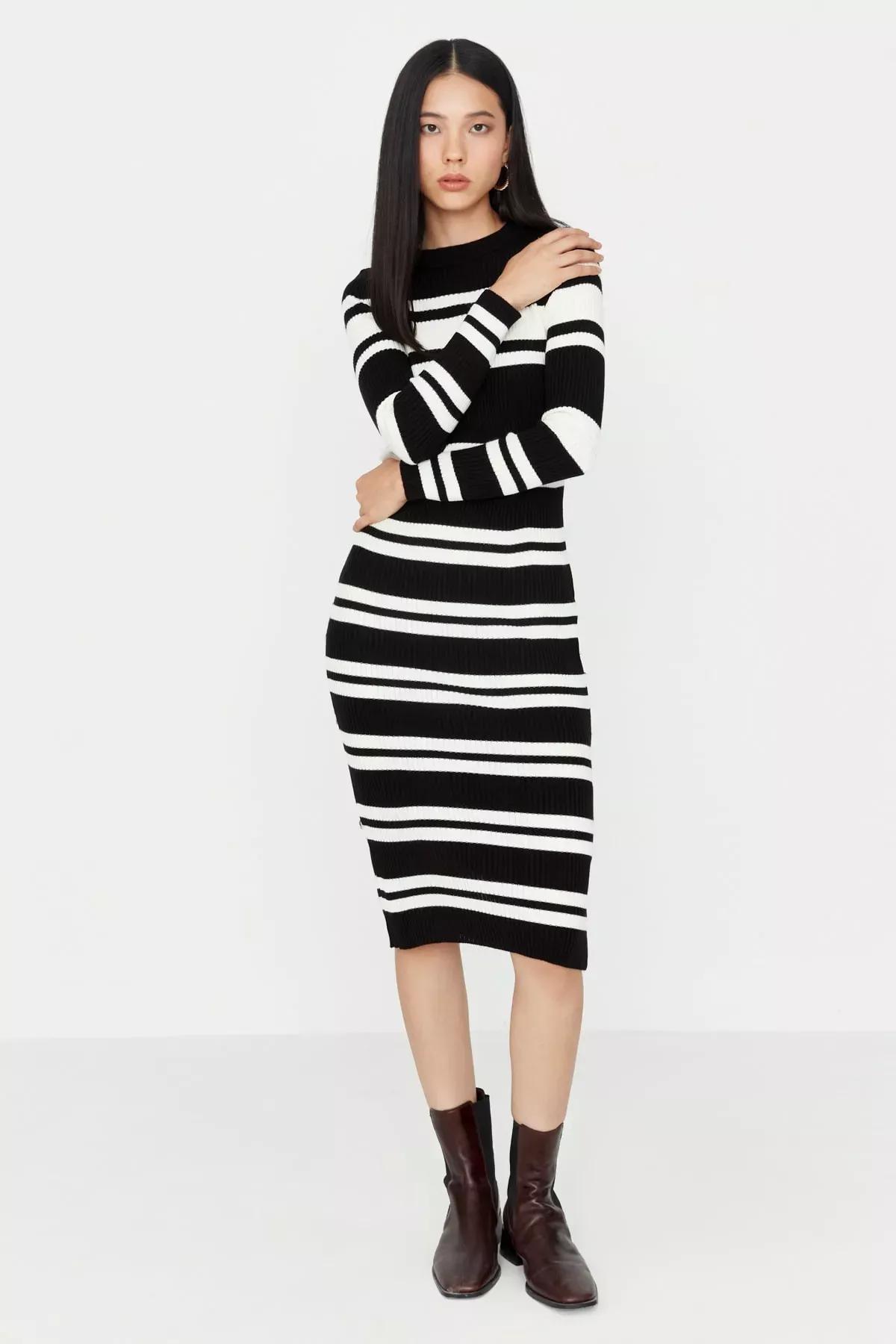Black Striped Bodycon Dress, Black, large image number 0