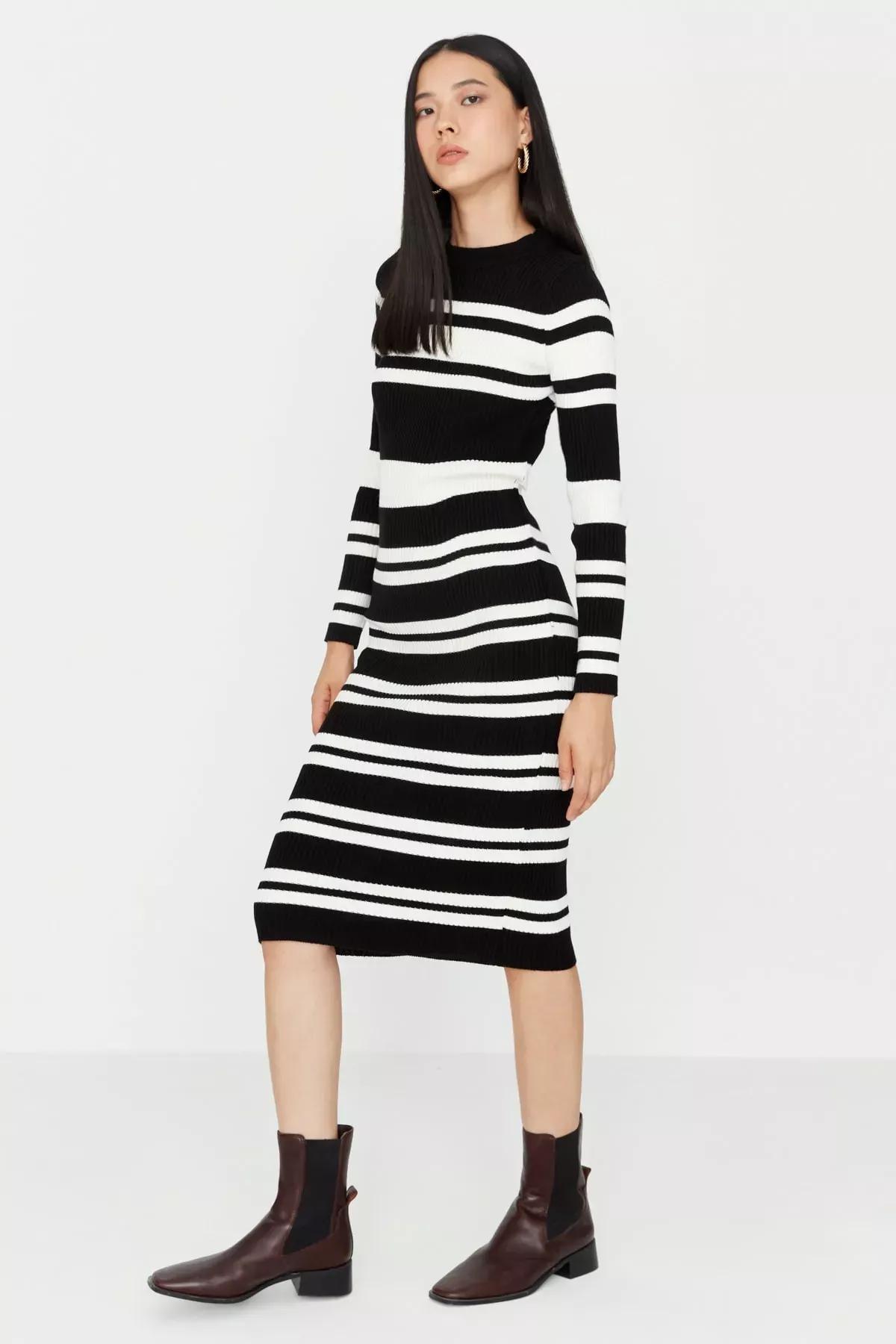 Black Striped Bodycon Dress, Black, large image number 1