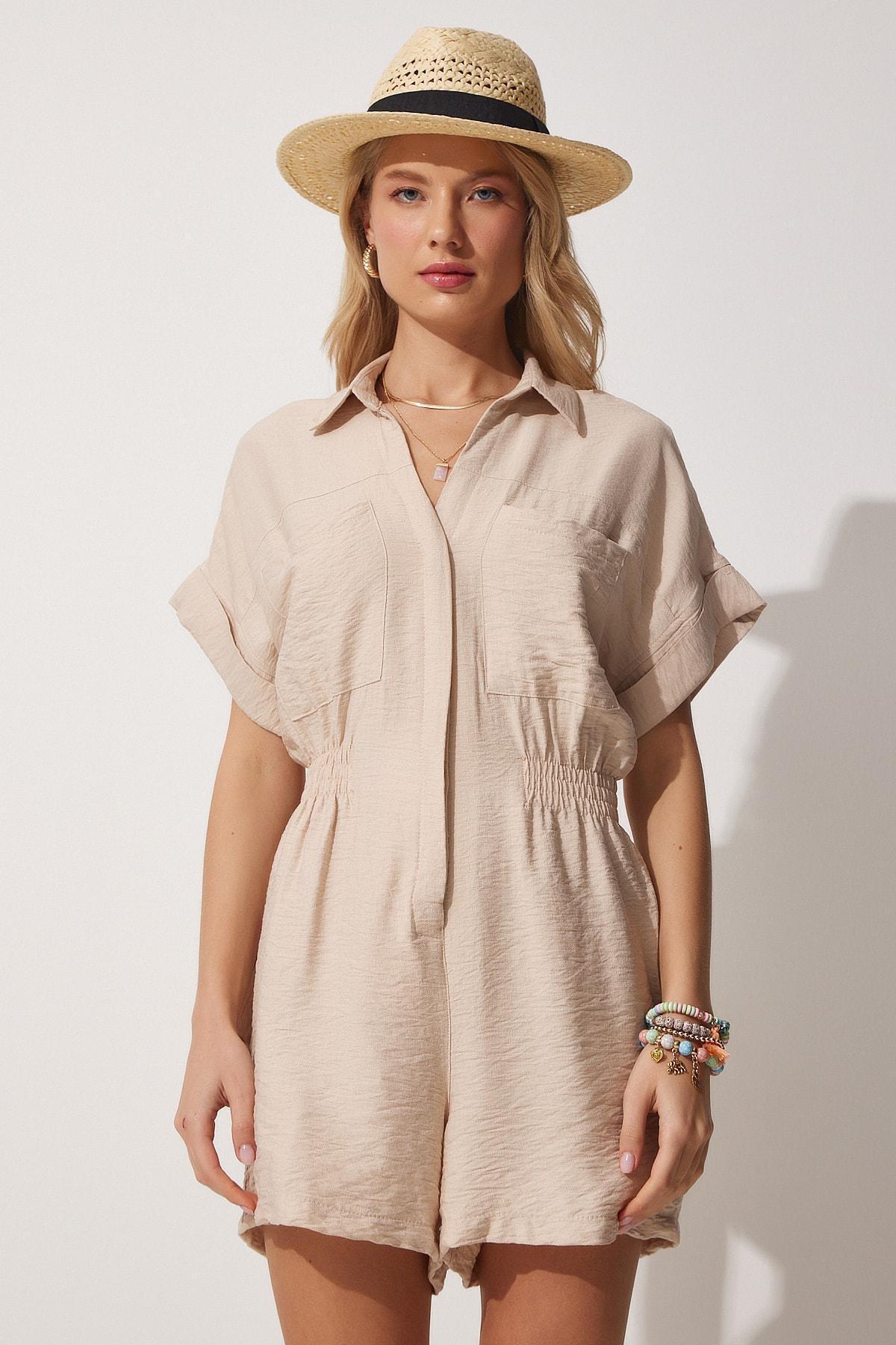 Beige Collared Jumpsuit, Light Beige, large image number 3