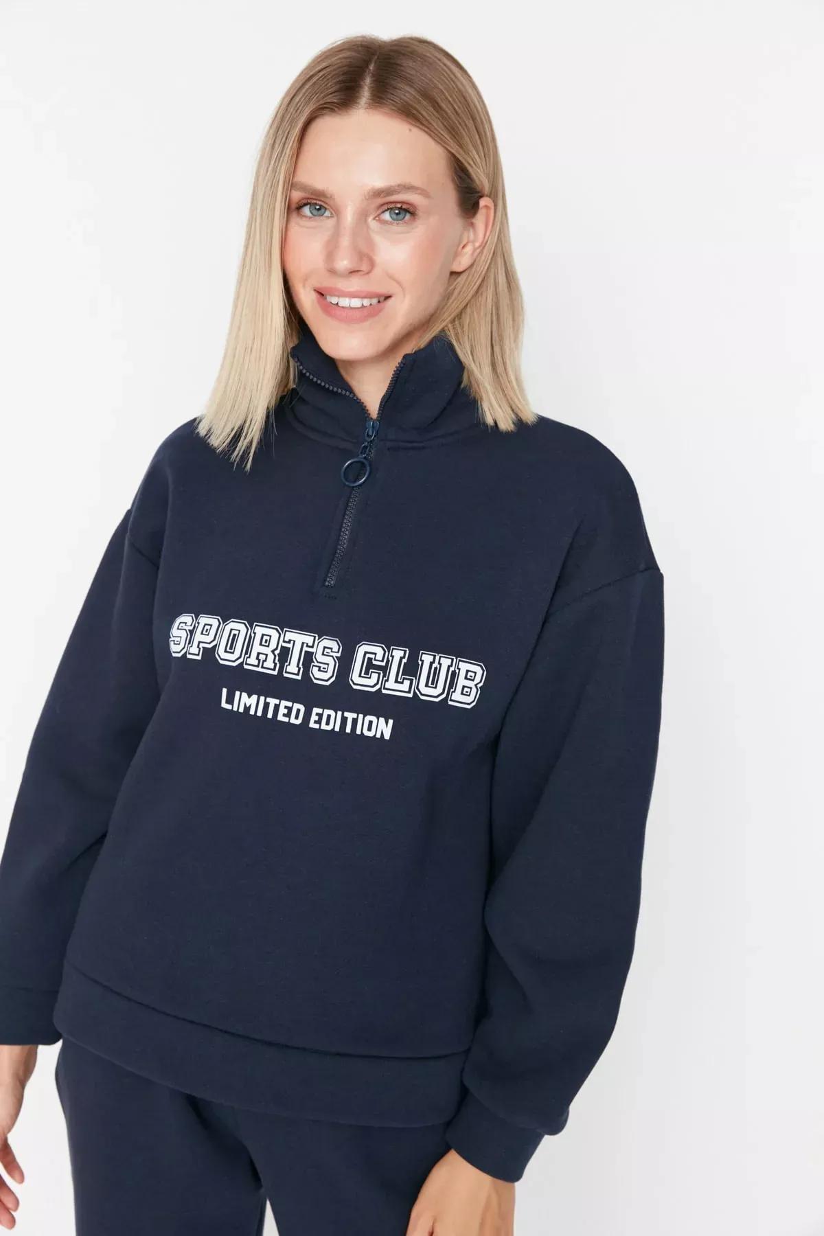 Navy Printed Boyfriend Sweatshirt, Dark blue, large image number 0