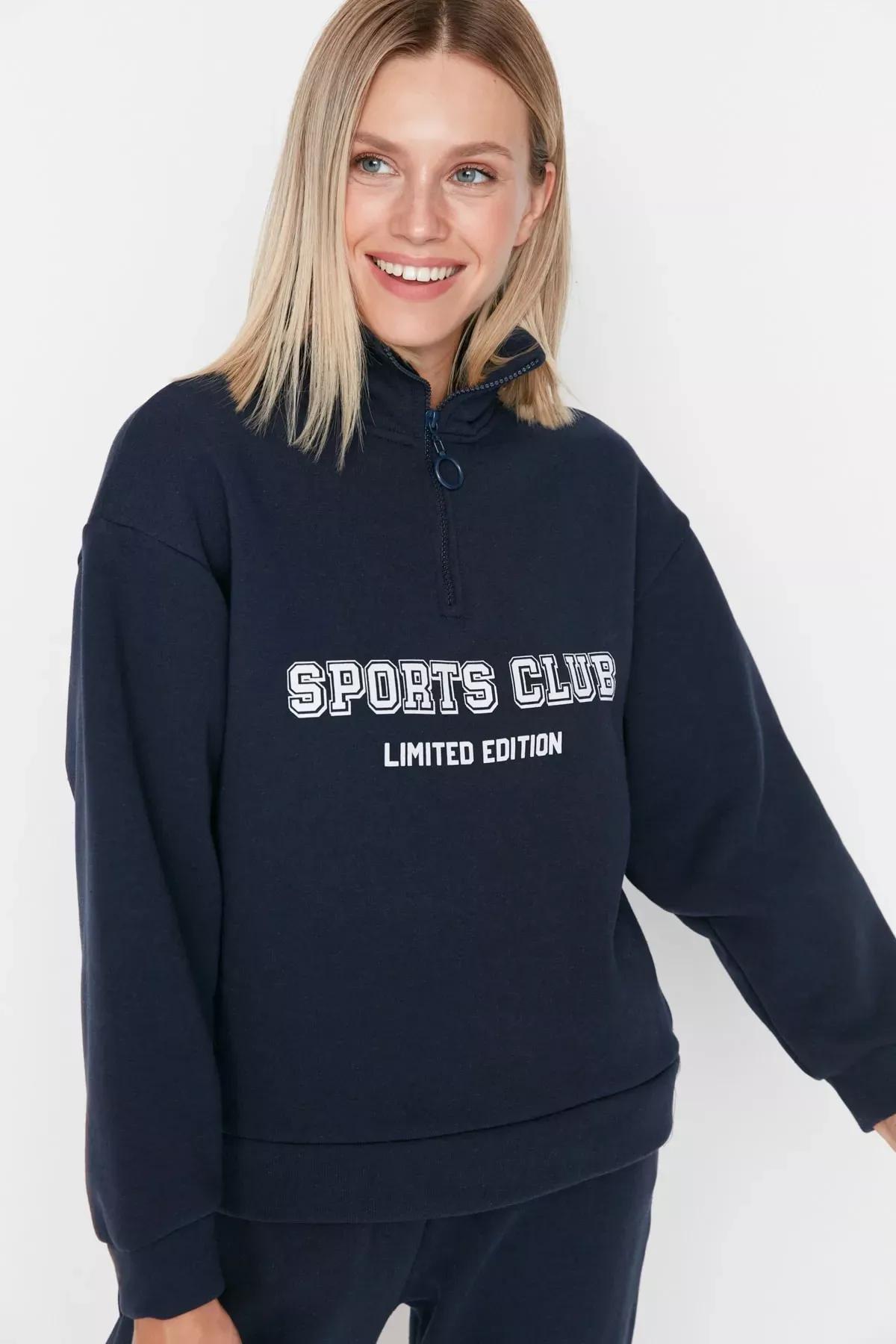 Navy Printed Boyfriend Sweatshirt, Dark blue, large image number 1