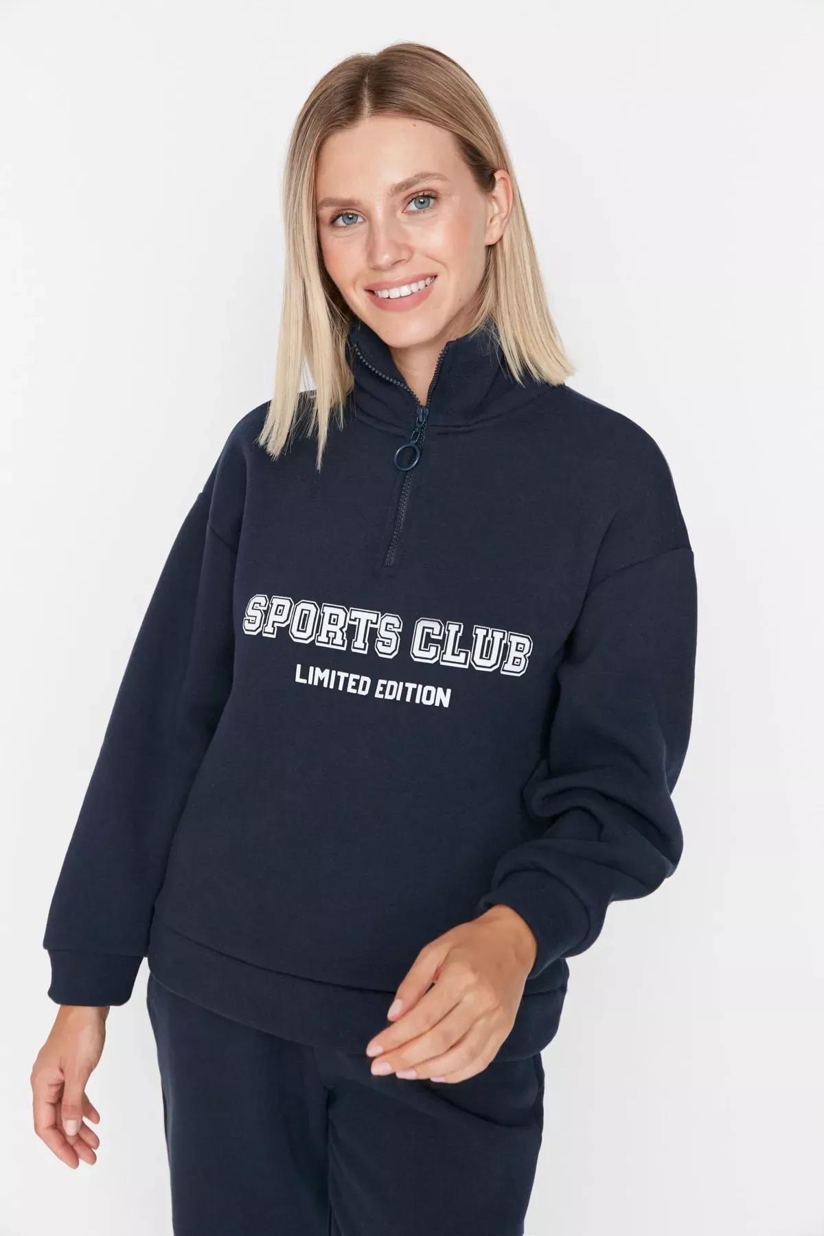 Navy Printed Boyfriend Sweatshirt, Dark blue, large image number 3