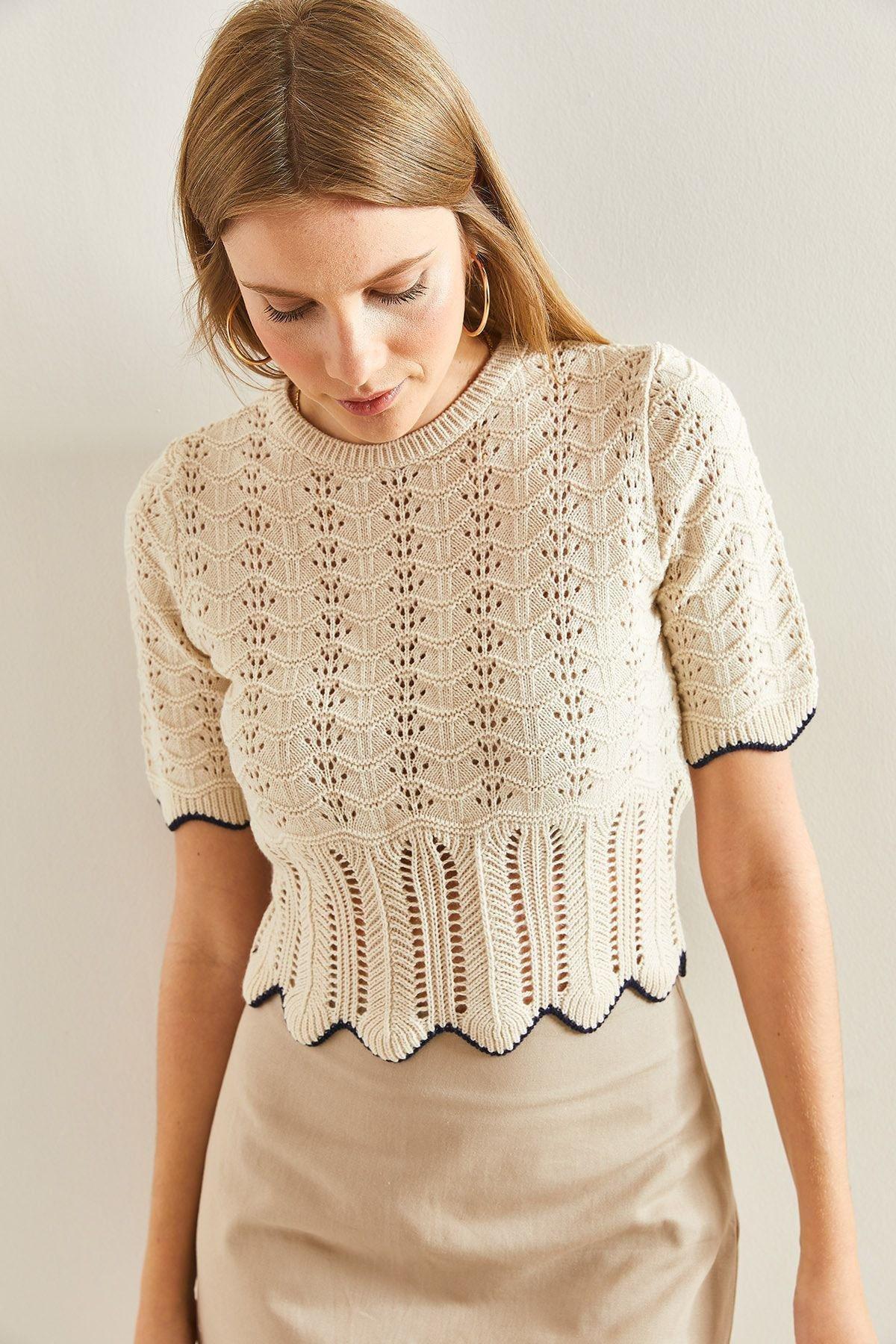 White Knitwear Blouse, Beige, large image number 5