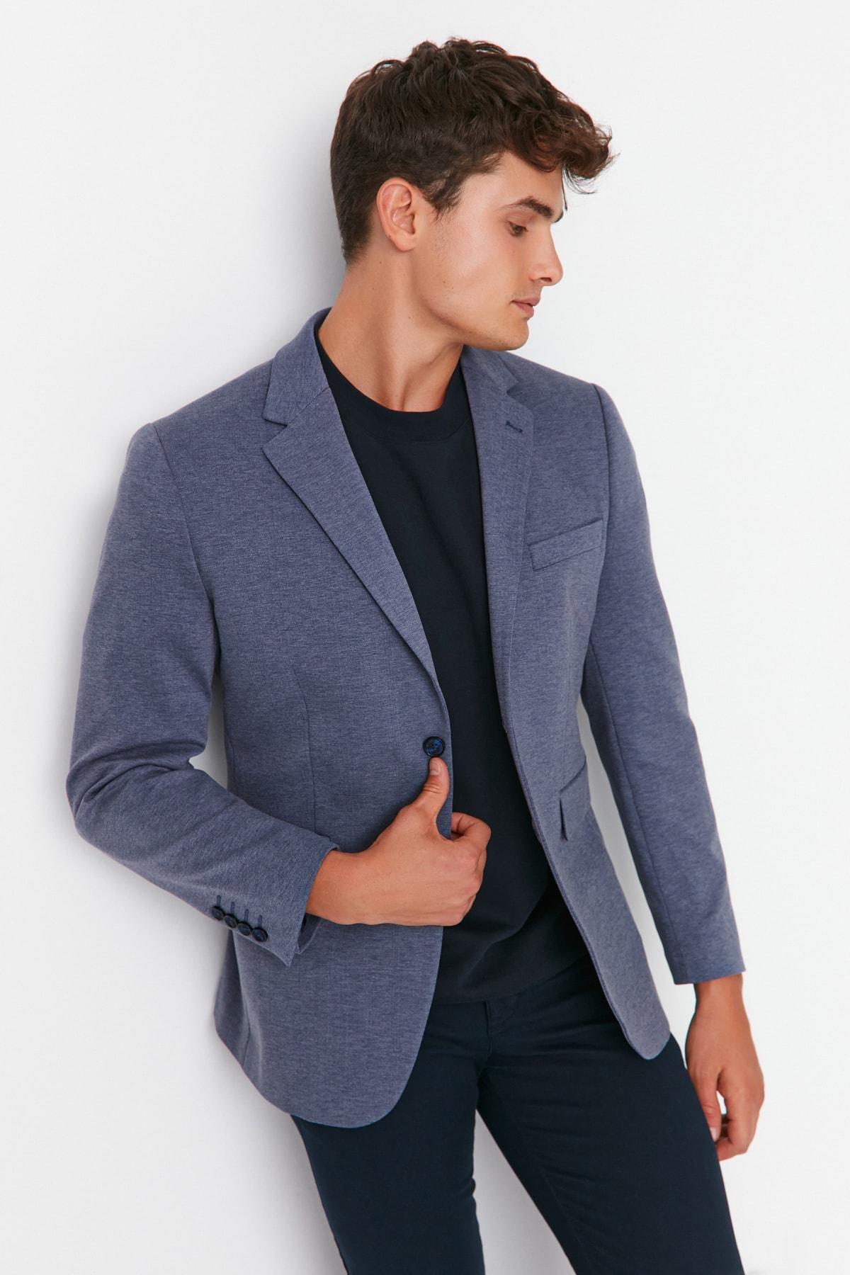 Navy Lapel Collar Jacket, Dark blue, large image number 0
