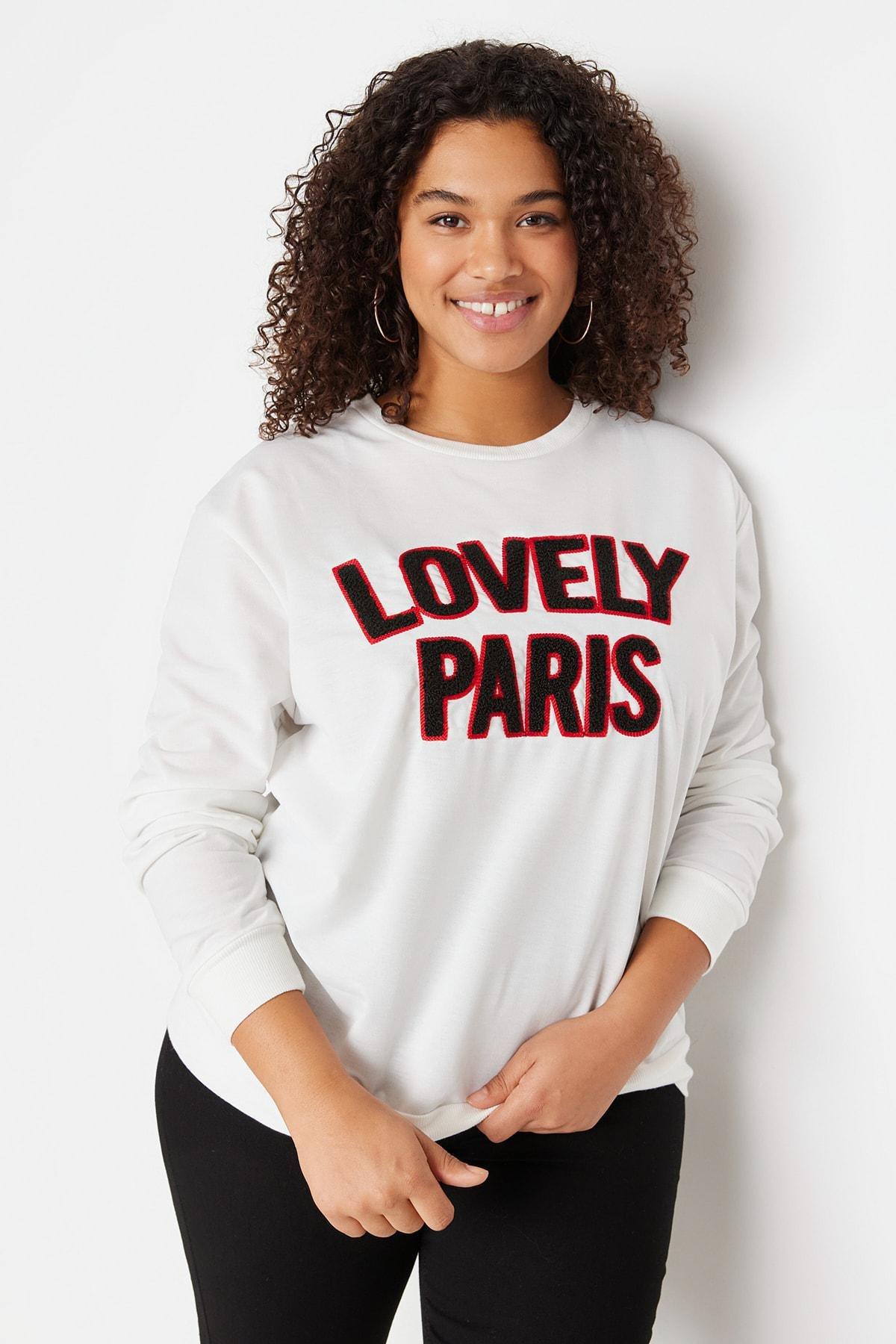 Beige Oversize Crew Neck Plus Size Sweatshirt, , large image number 1