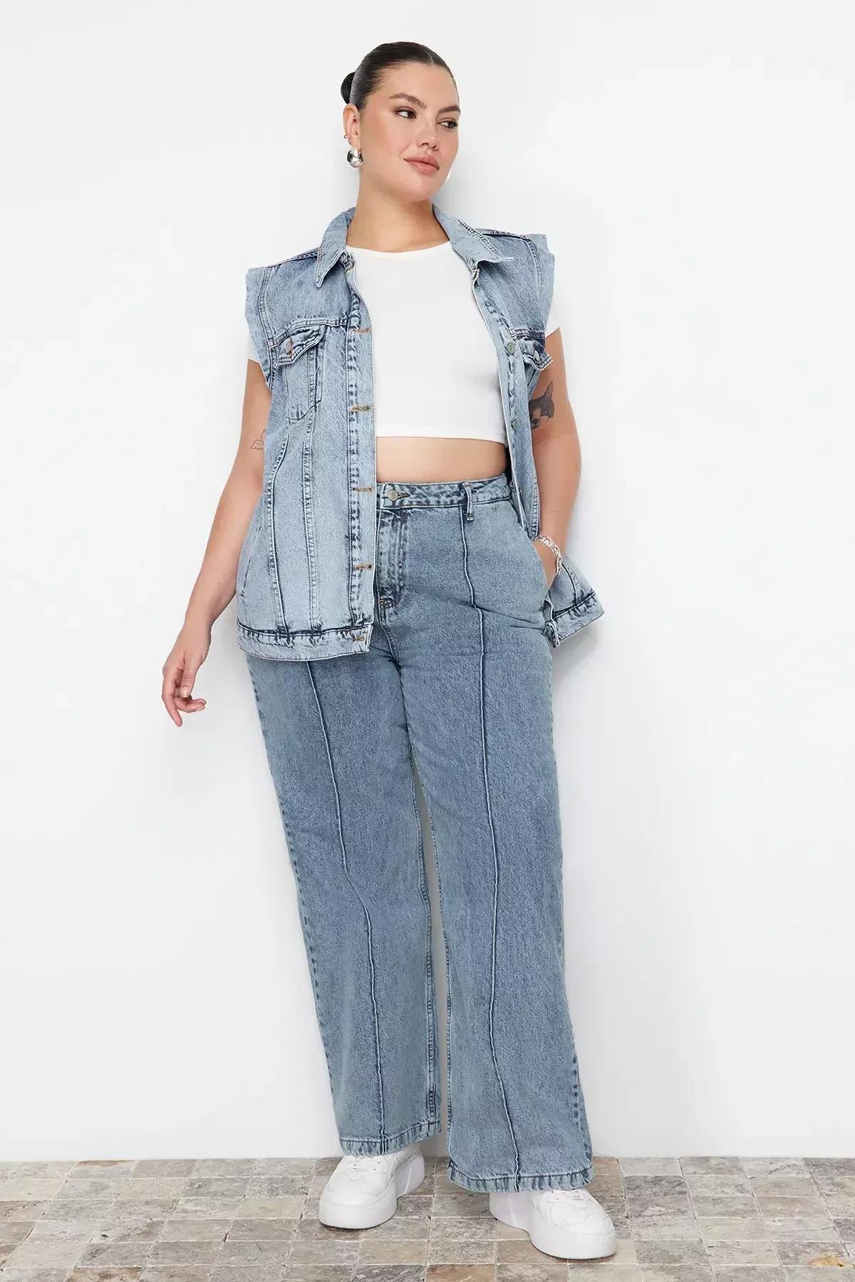 Blue Wide Leg Plus Size Jeans, Blue, large image number 0