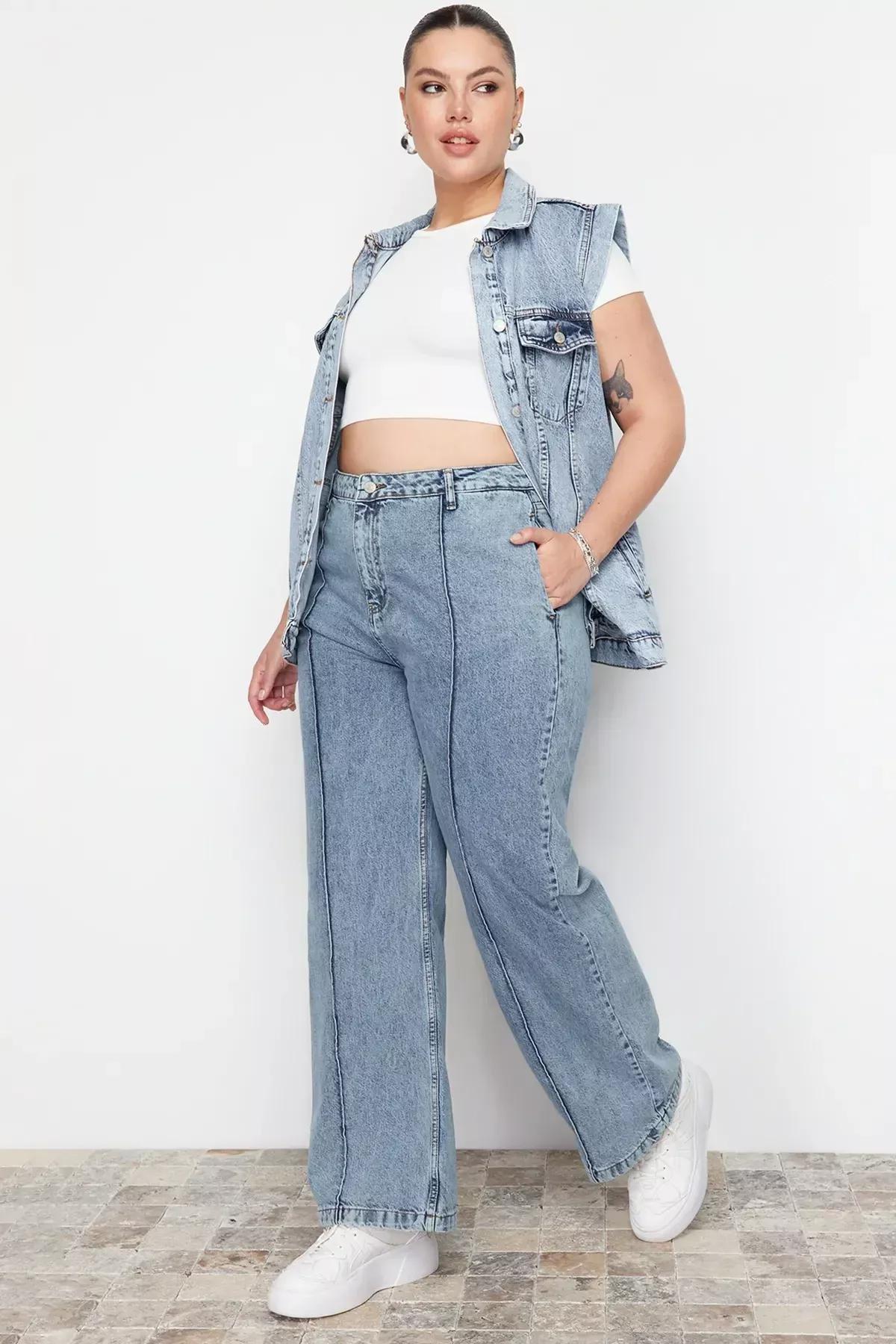 Blue Wide Leg Plus Size Jeans, Blue, large image number 1
