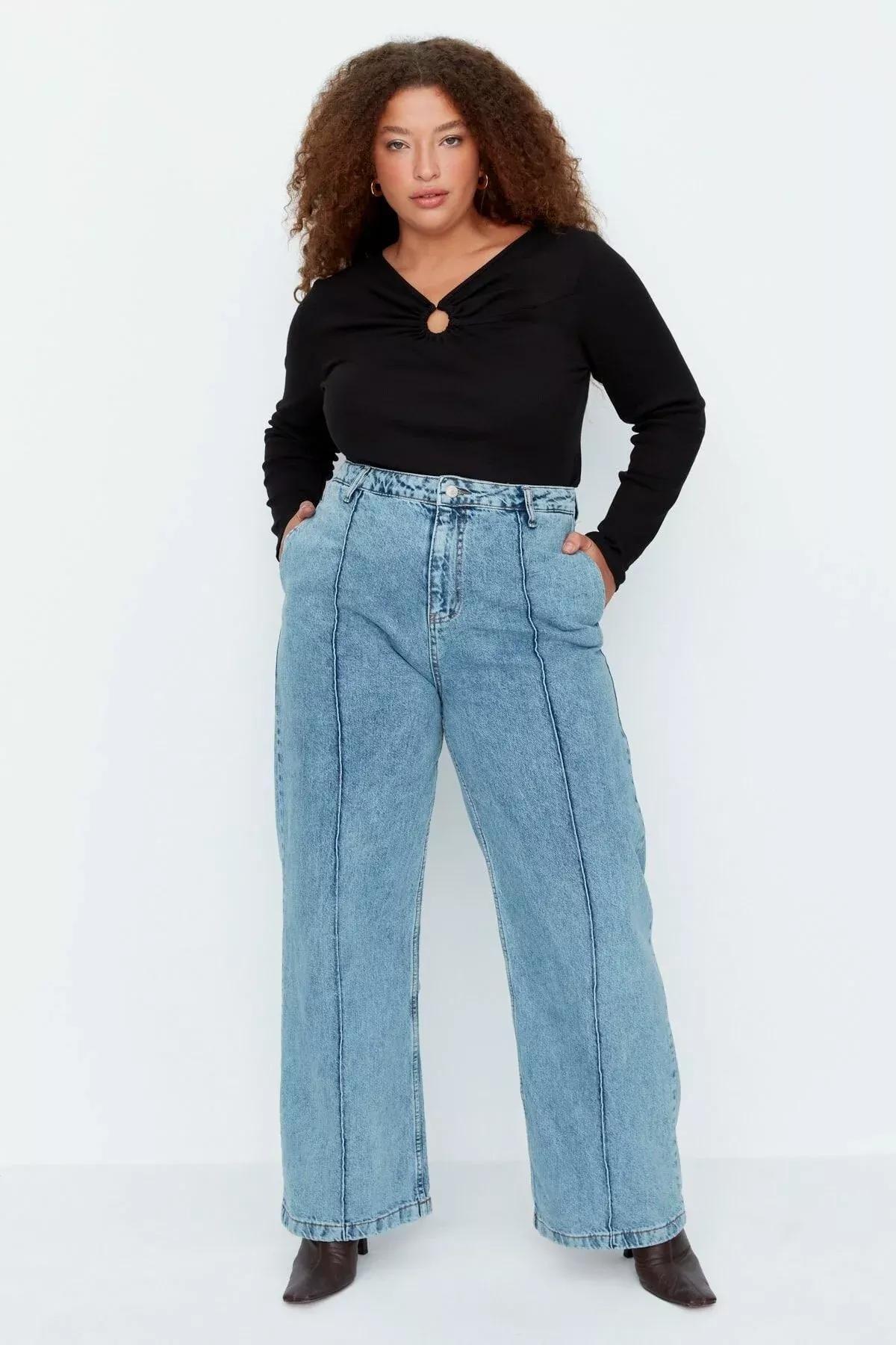 Blue Wide Leg Plus Size Jeans, Blue, large image number 5