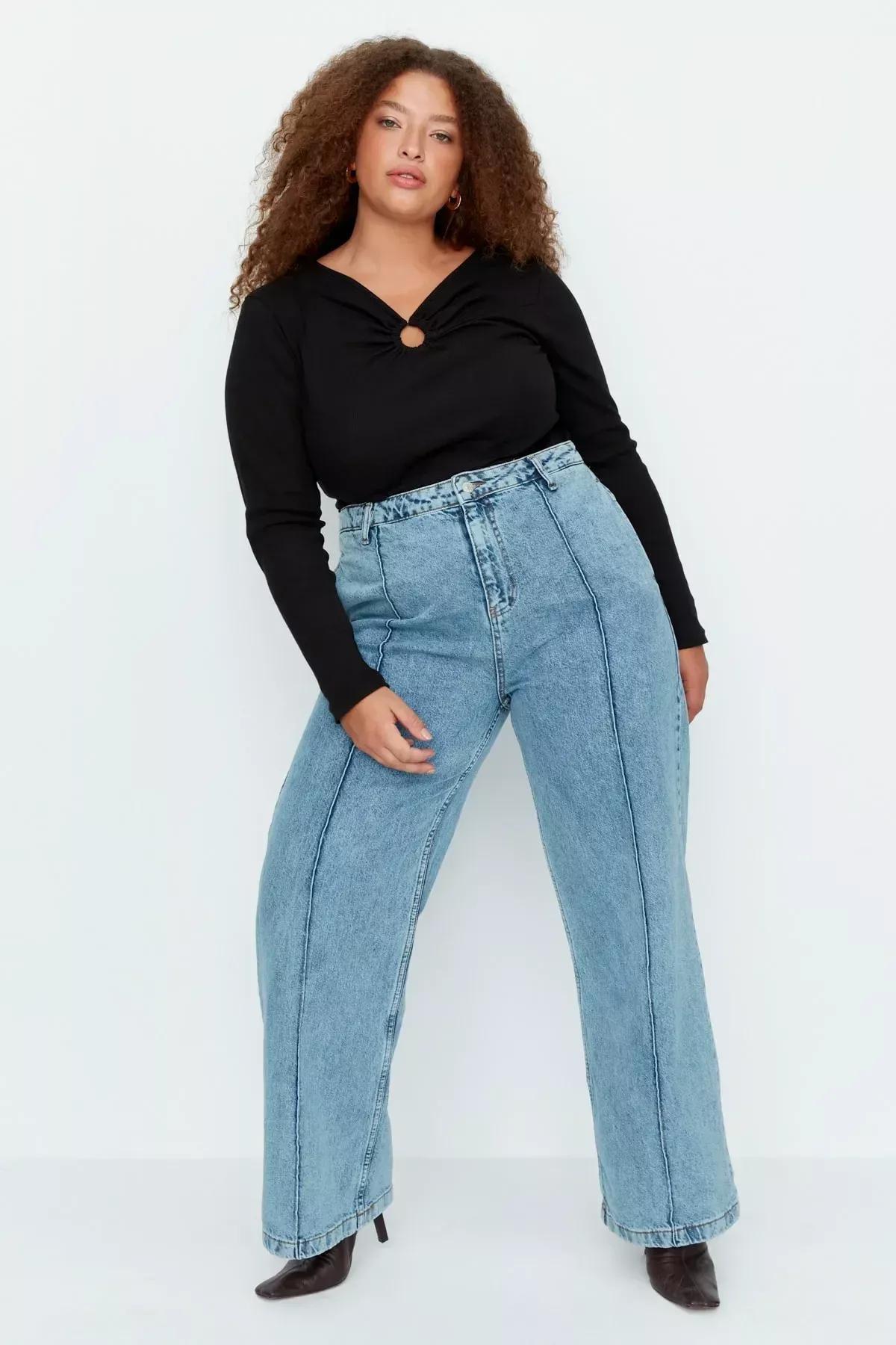 Blue Wide Leg Plus Size Jeans, Blue, large image number 6