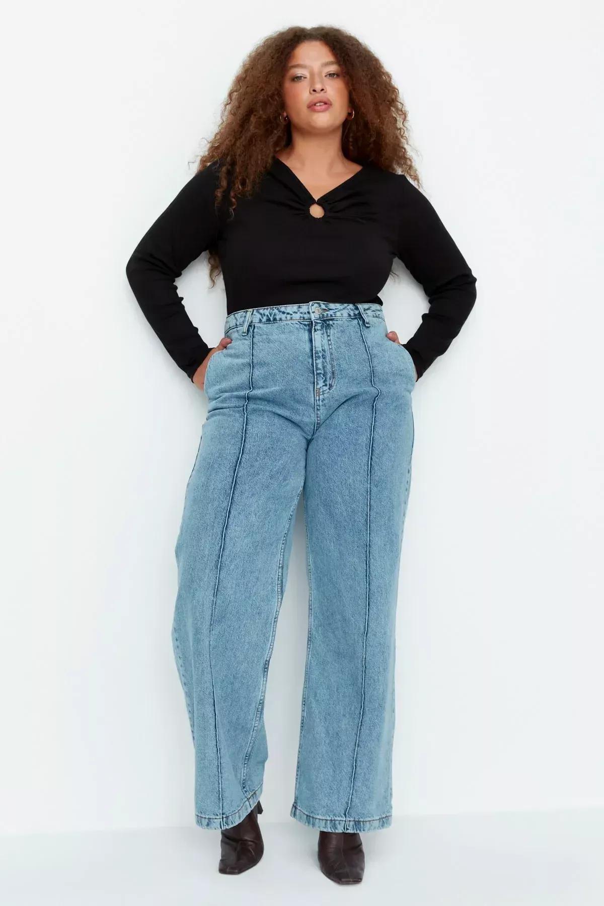 Blue Wide Leg Plus Size Jeans, Blue, large image number 7