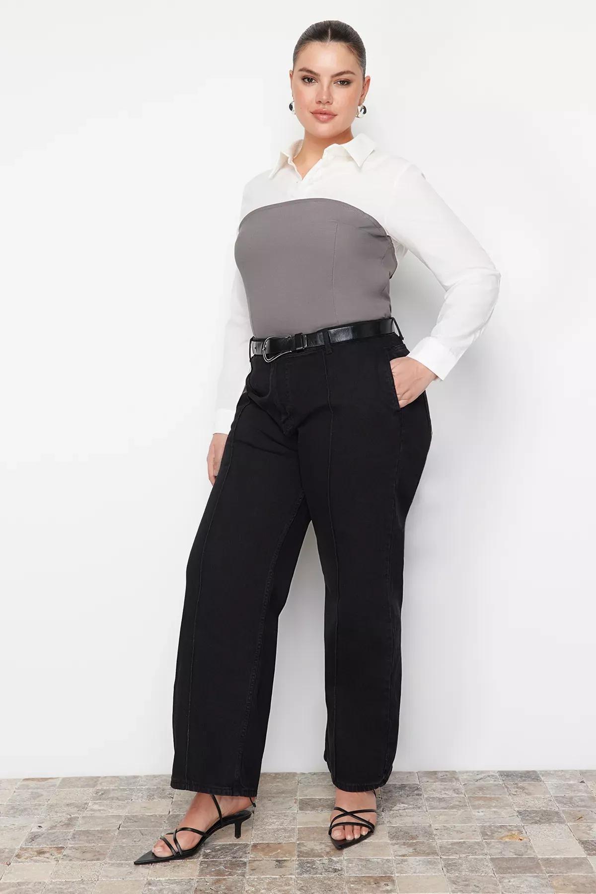 Black Wide Leg Plus Size Jeans, Black, medium