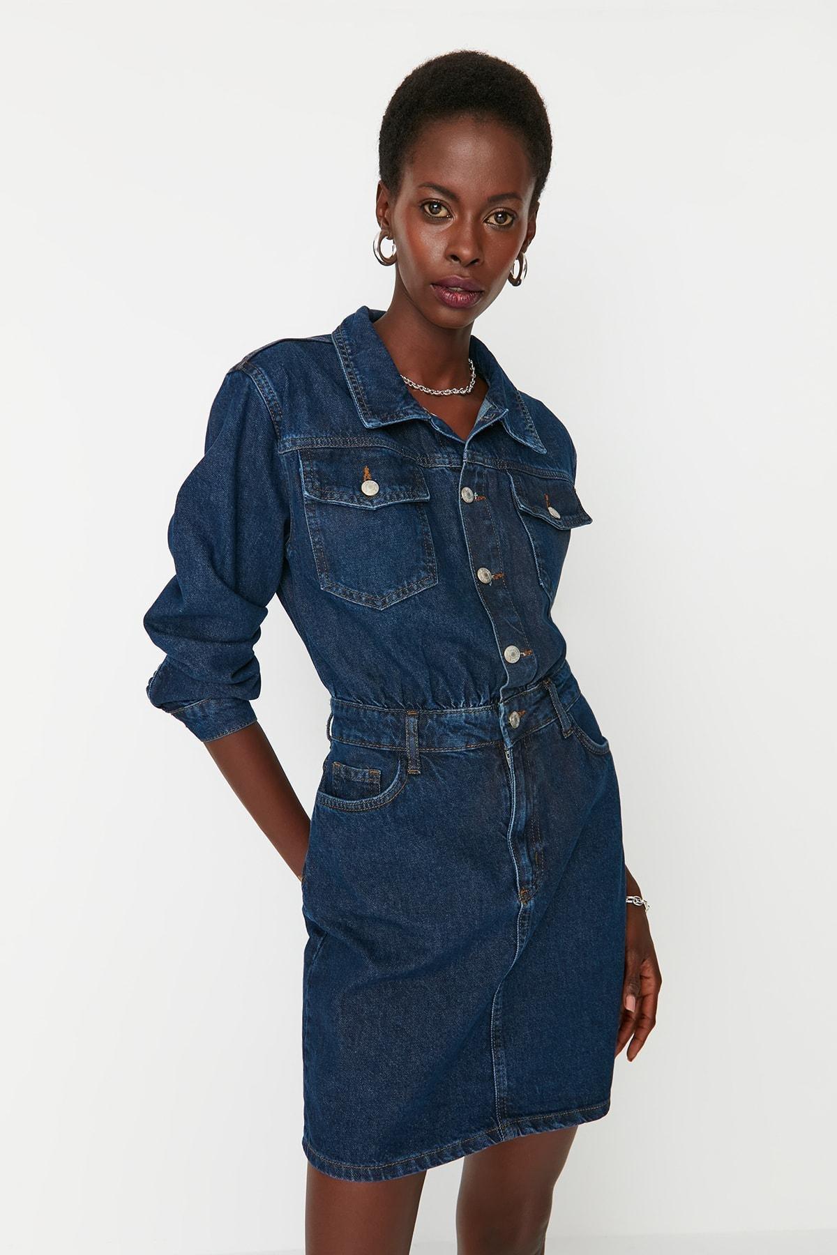 Blue Bodycon Shirt Collar Dress, , large image number 0