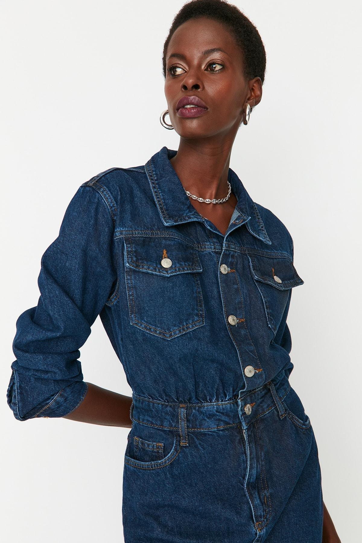 Blue Bodycon Shirt Collar Dress, , large image number 1