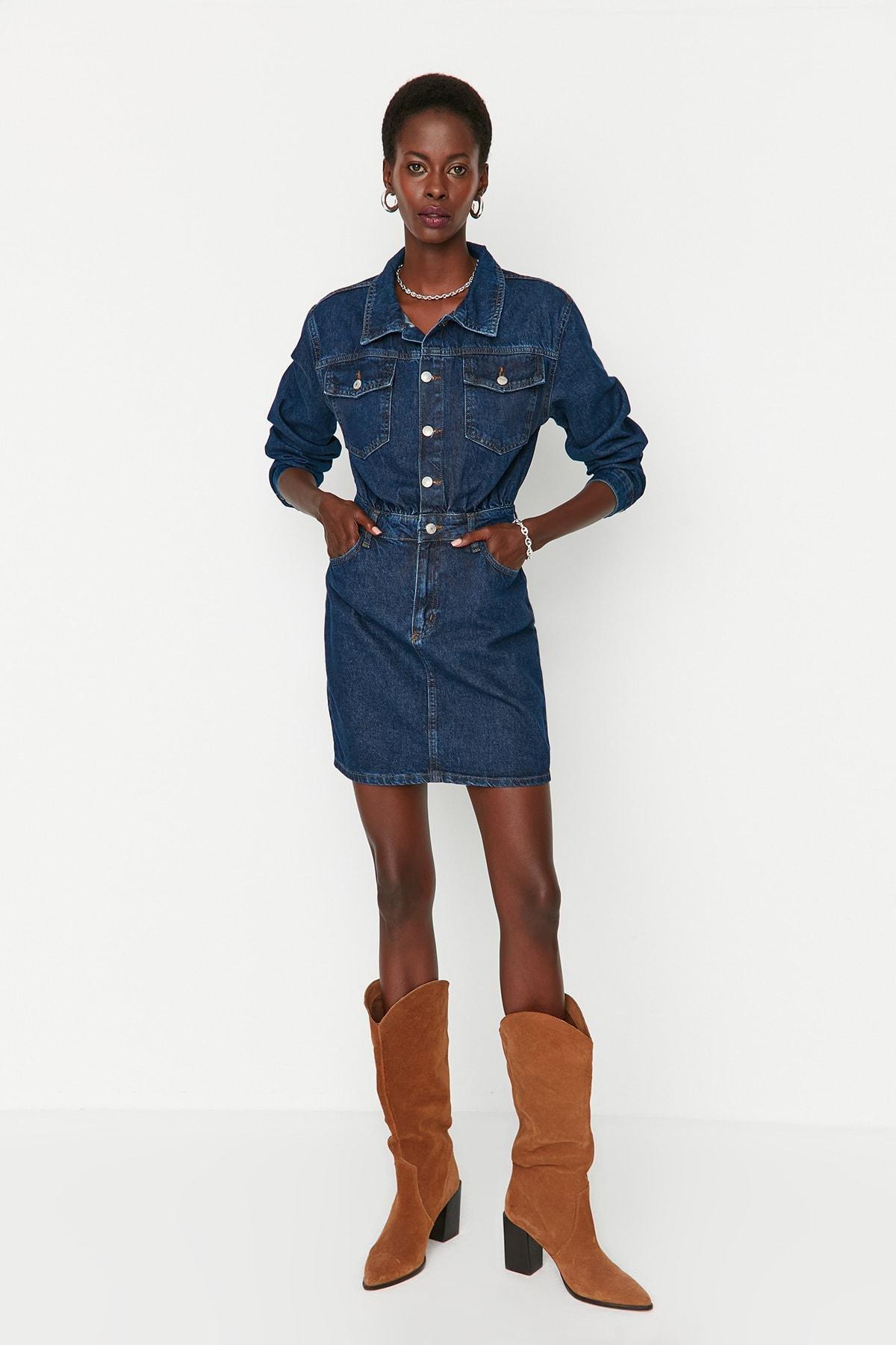 Blue Bodycon Shirt Collar Dress, , large image number 2