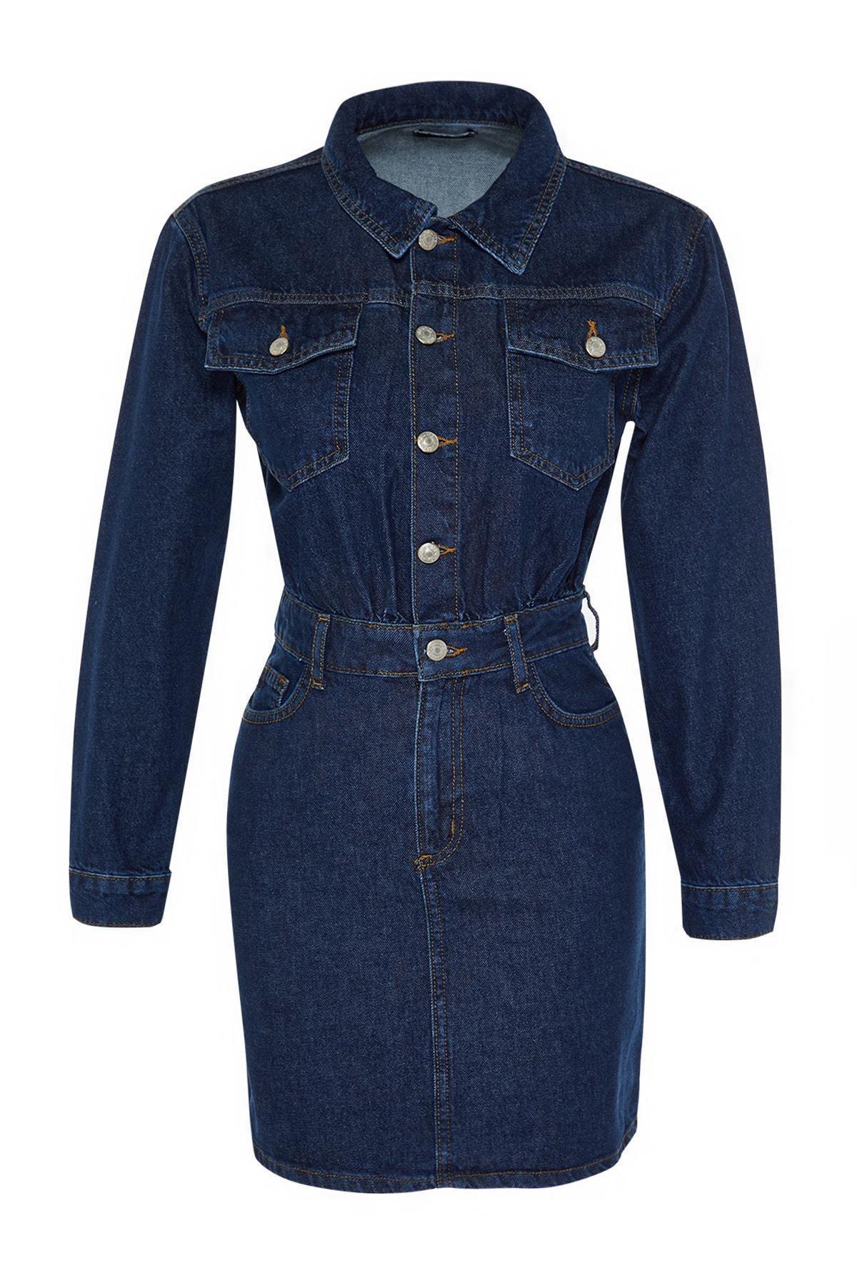 Blue Bodycon Shirt Collar Dress, , large image number 5