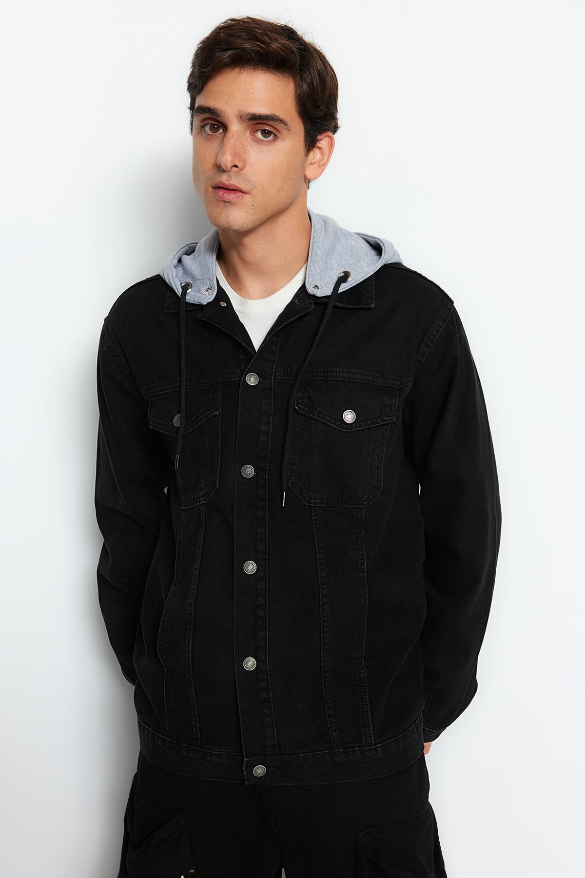 Black Knitted Hooded Denim Jacket, , large image number 0