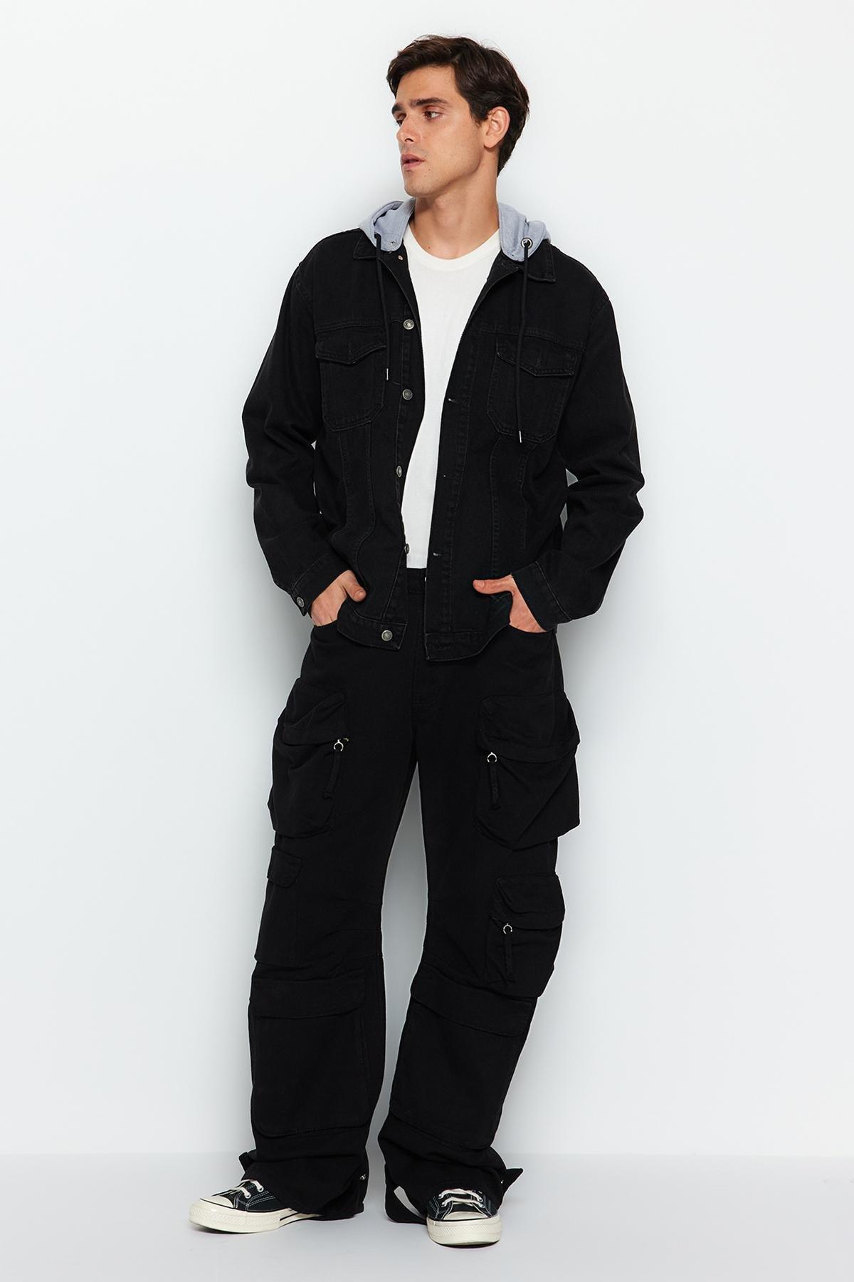 Black Knitted Hooded Denim Jacket, , large image number 1