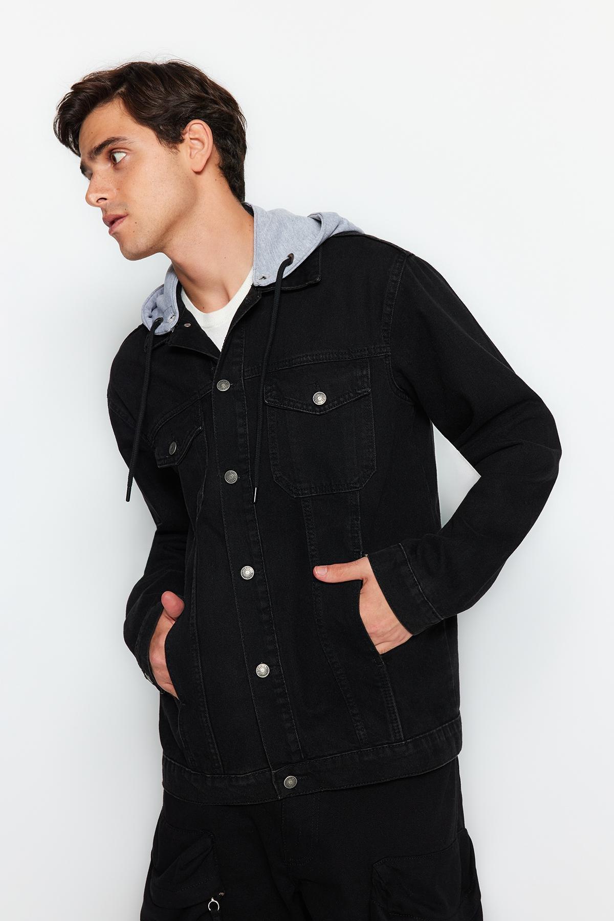 Black Knitted Hooded Denim Jacket, , large image number 2