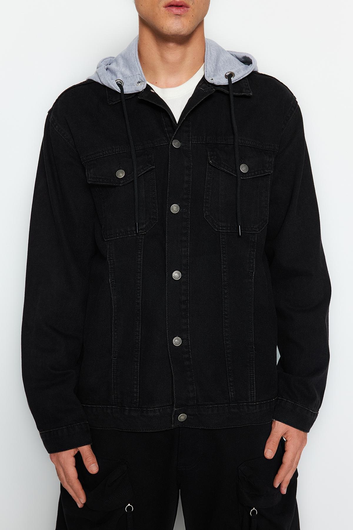 Black Knitted Hooded Denim Jacket, , large image number 3