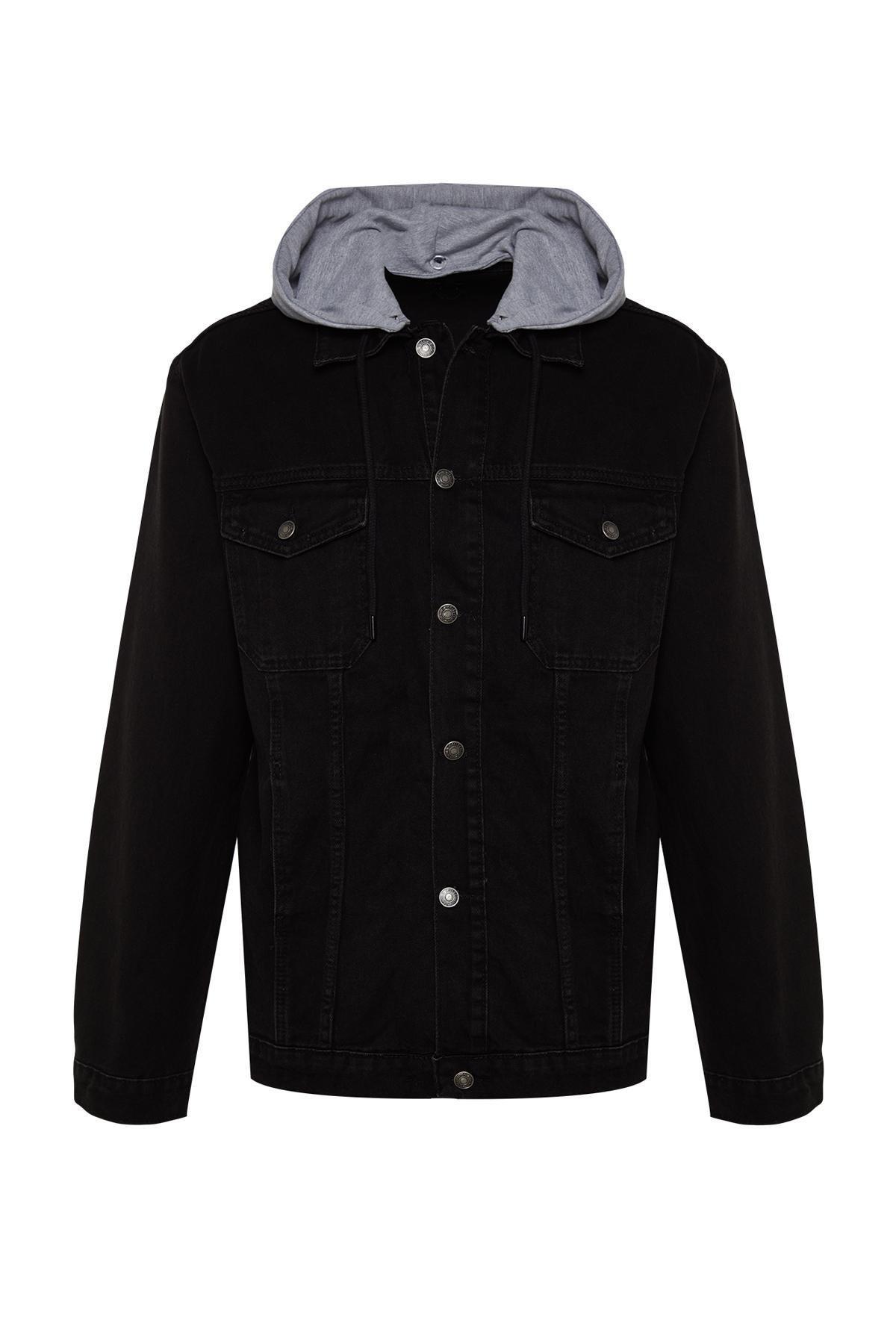 Black Knitted Hooded Denim Jacket, , large image number 5