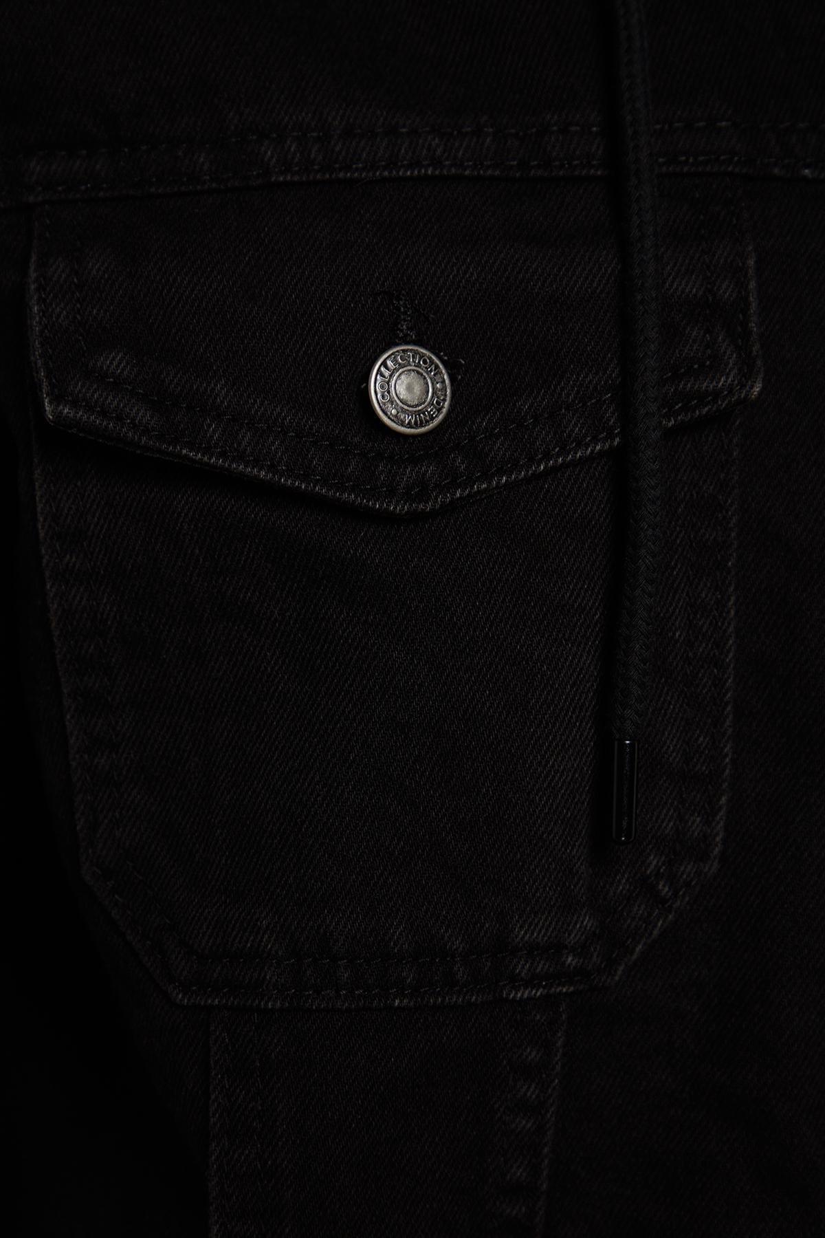 Black Knitted Hooded Denim Jacket, BLACK, large image number 6