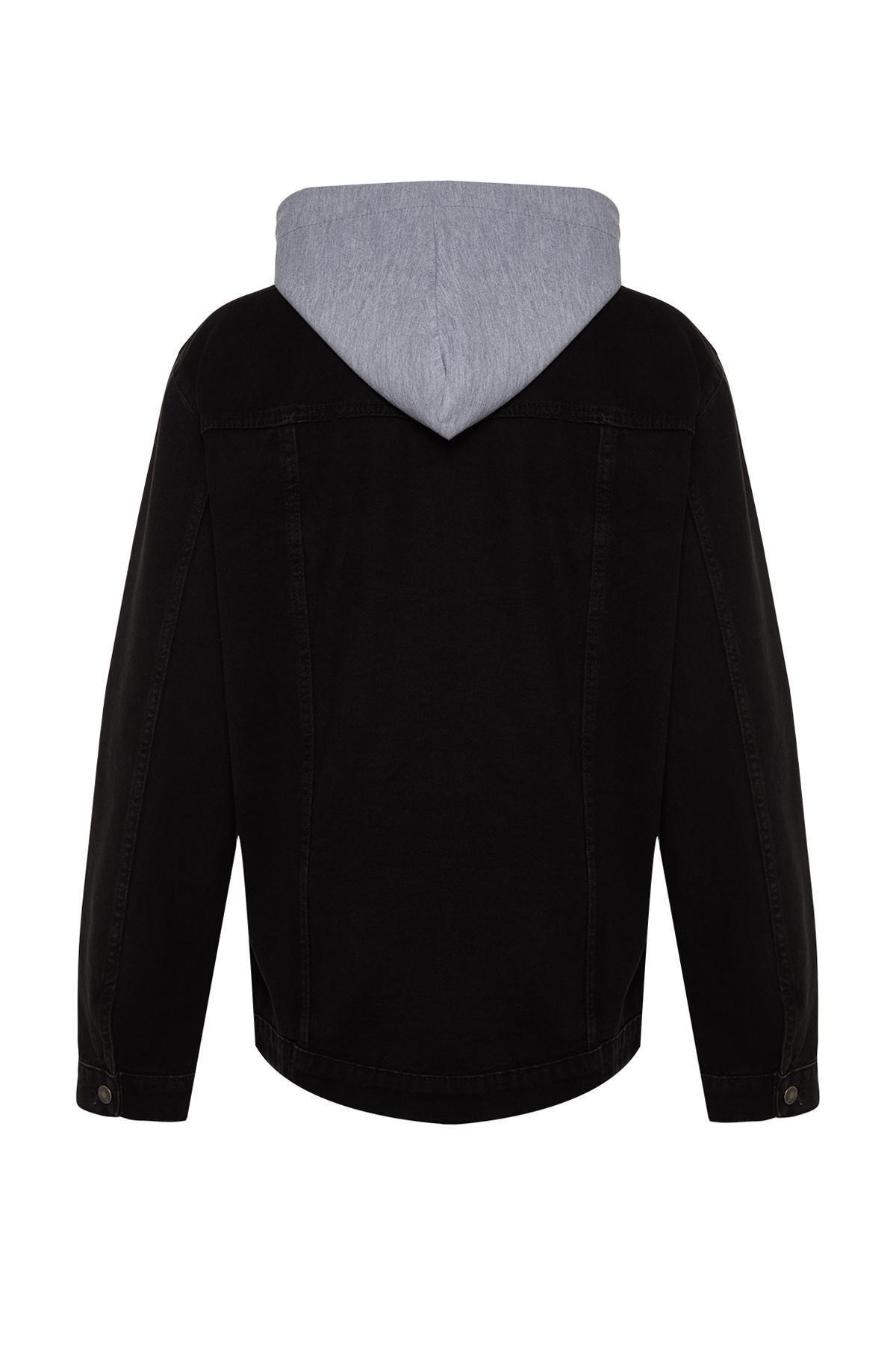 Black Knitted Hooded Denim Jacket, , large image number 7