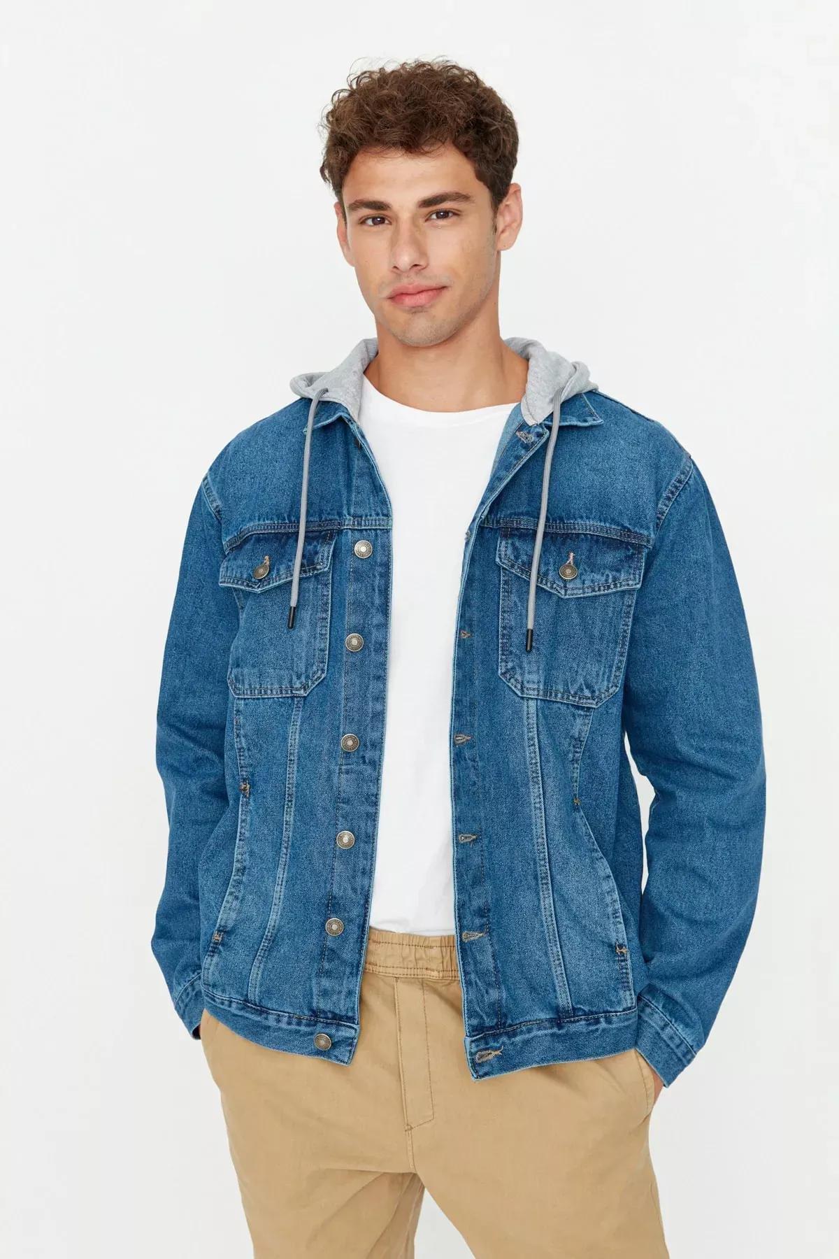 Blue Hooded Jeans Jacket, Dark blue, medium