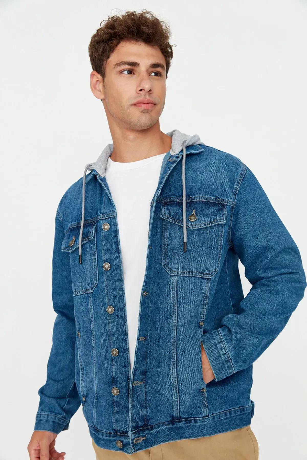 Blue Hooded Jeans Jacket, Dark blue, medium