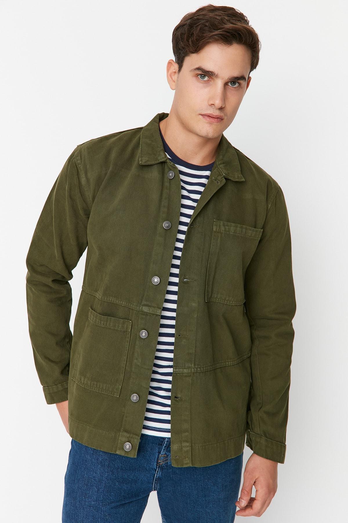 Khaki Cotton Shirt Collar Jacket, , large image number 0
