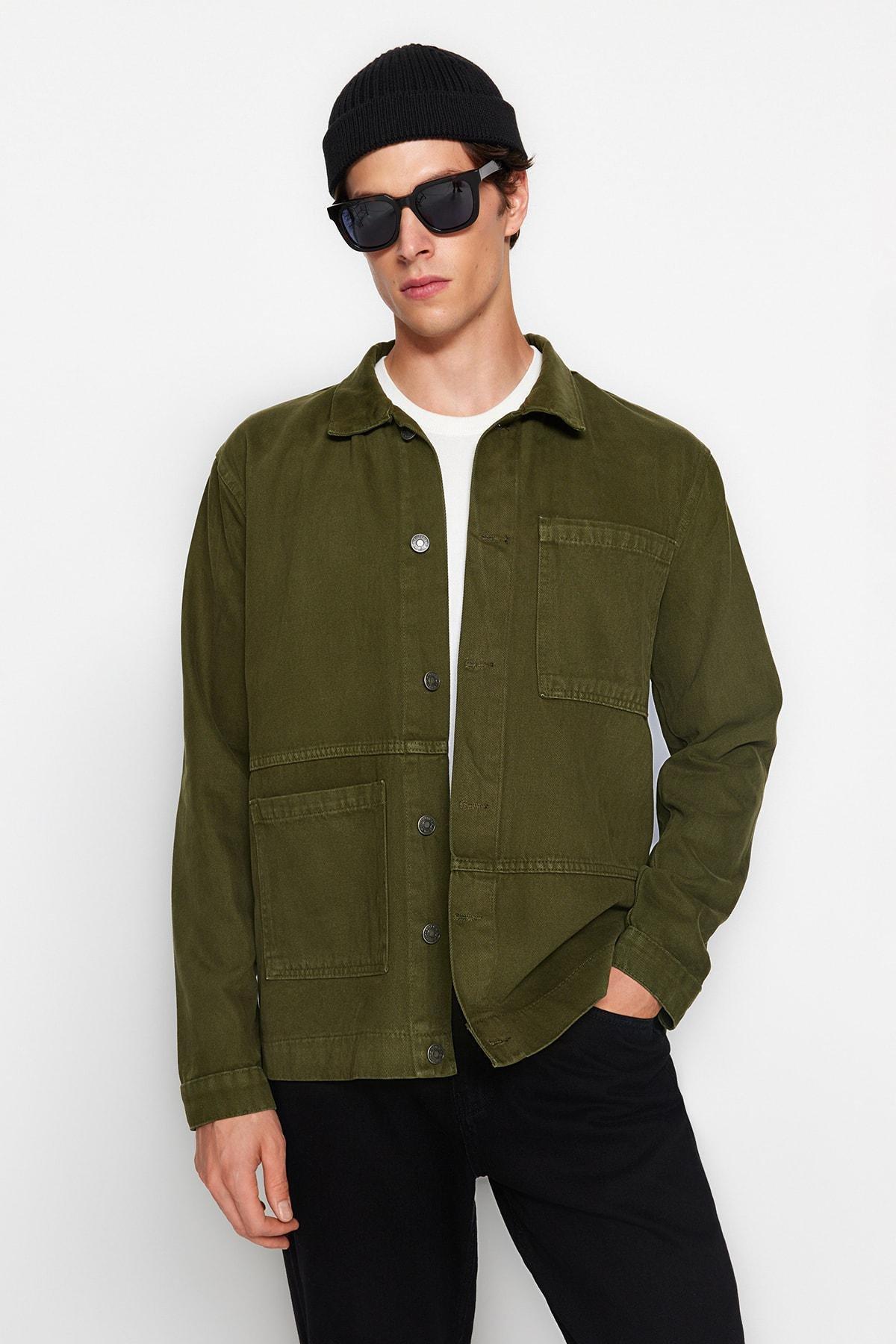 Khaki Cotton Shirt Collar Jacket, , large image number 2