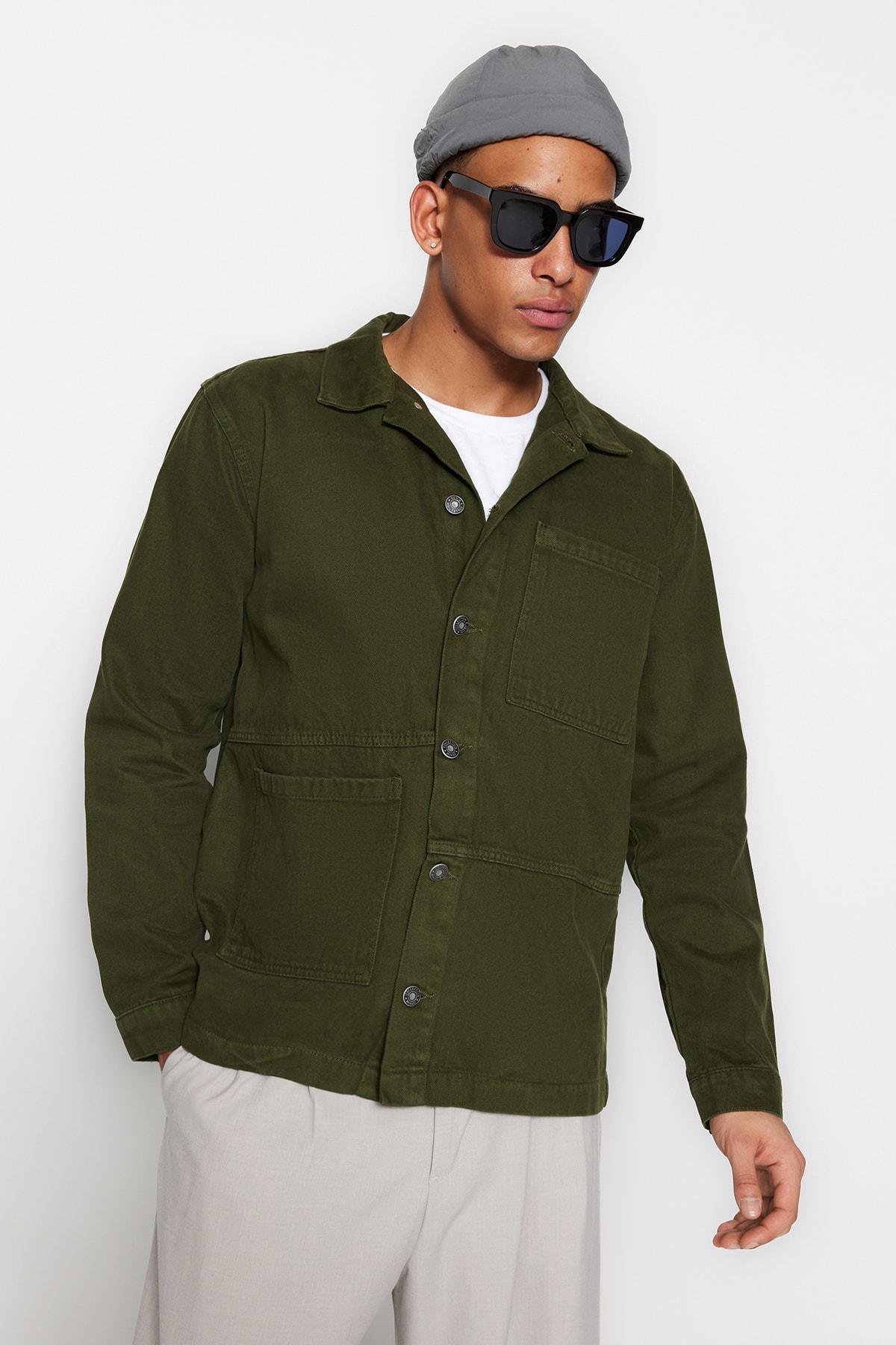 Khaki Cotton Shirt Collar Jacket, , large image number 3