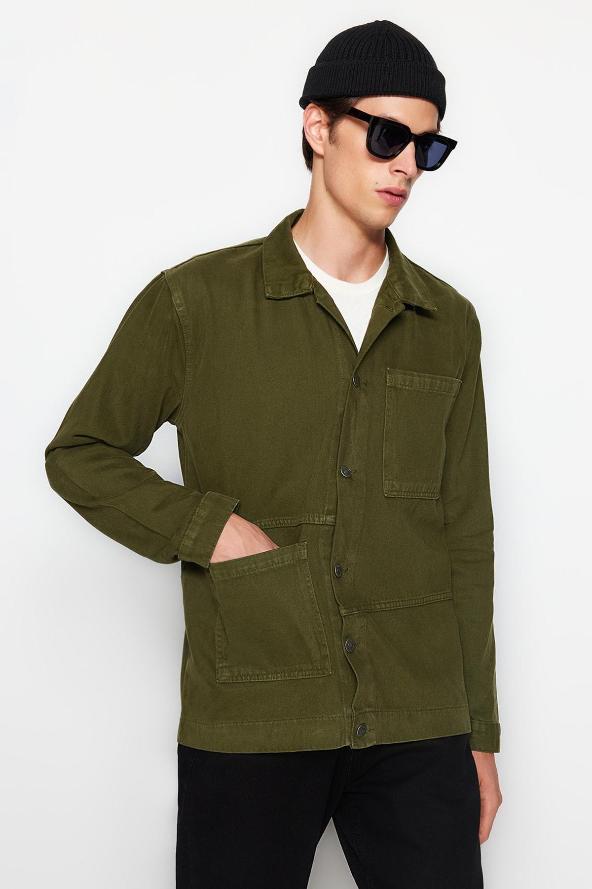 Khaki Cotton Shirt Collar Jacket, , large image number 4