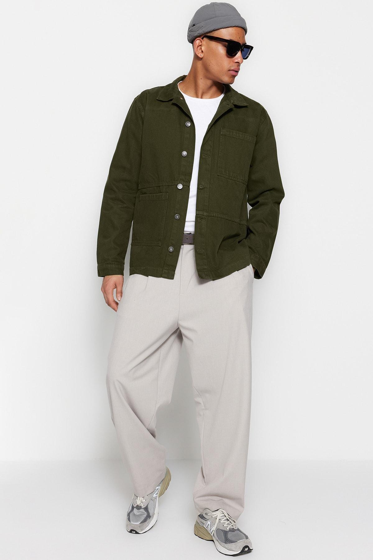 Khaki Cotton Shirt Collar Jacket, , large image number 5
