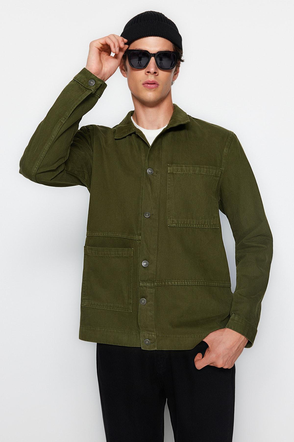 Khaki Cotton Shirt Collar Jacket, , large image number 6