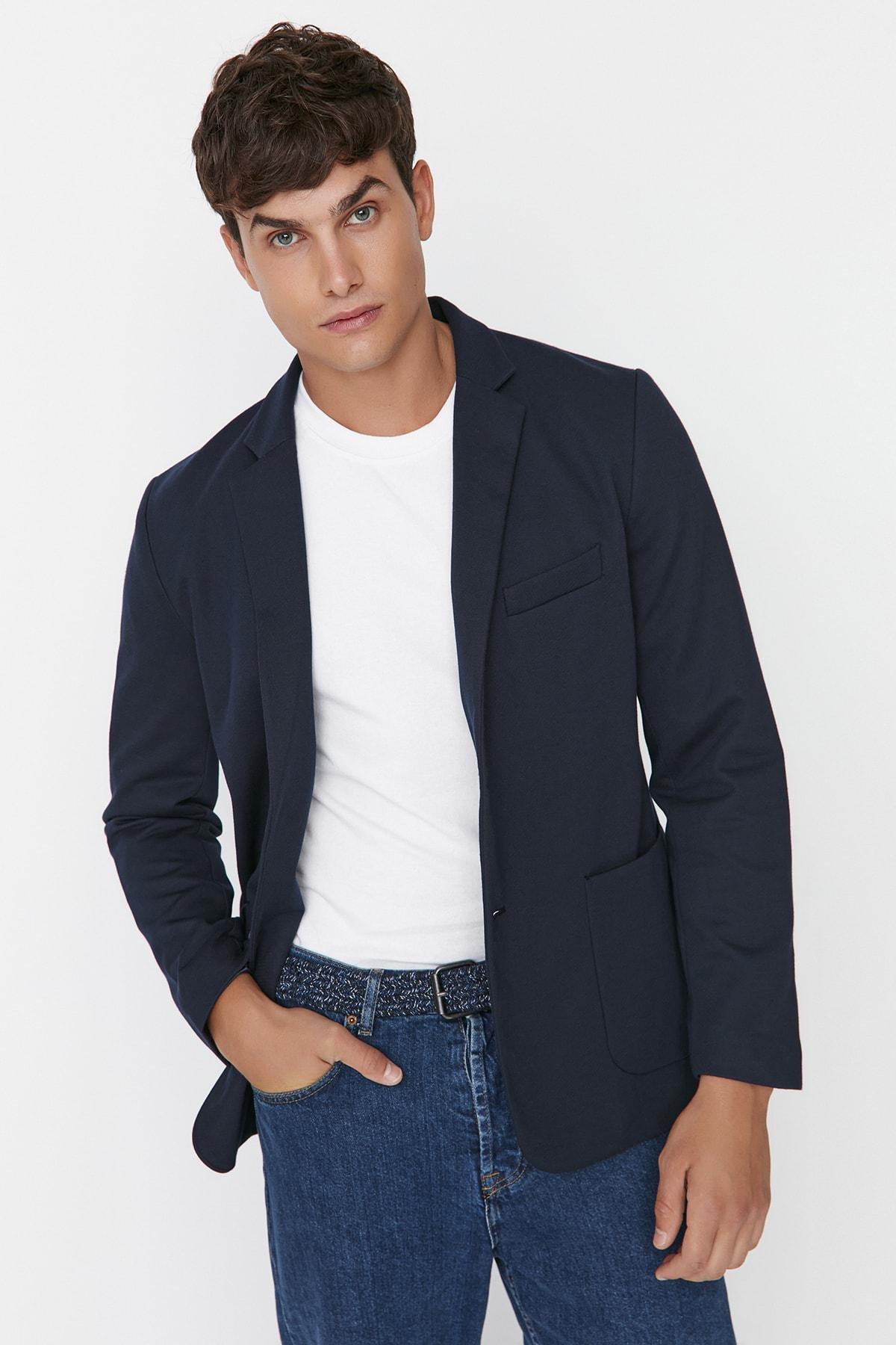 Navy Slim Lapel Collar Jacket, , large image number 0