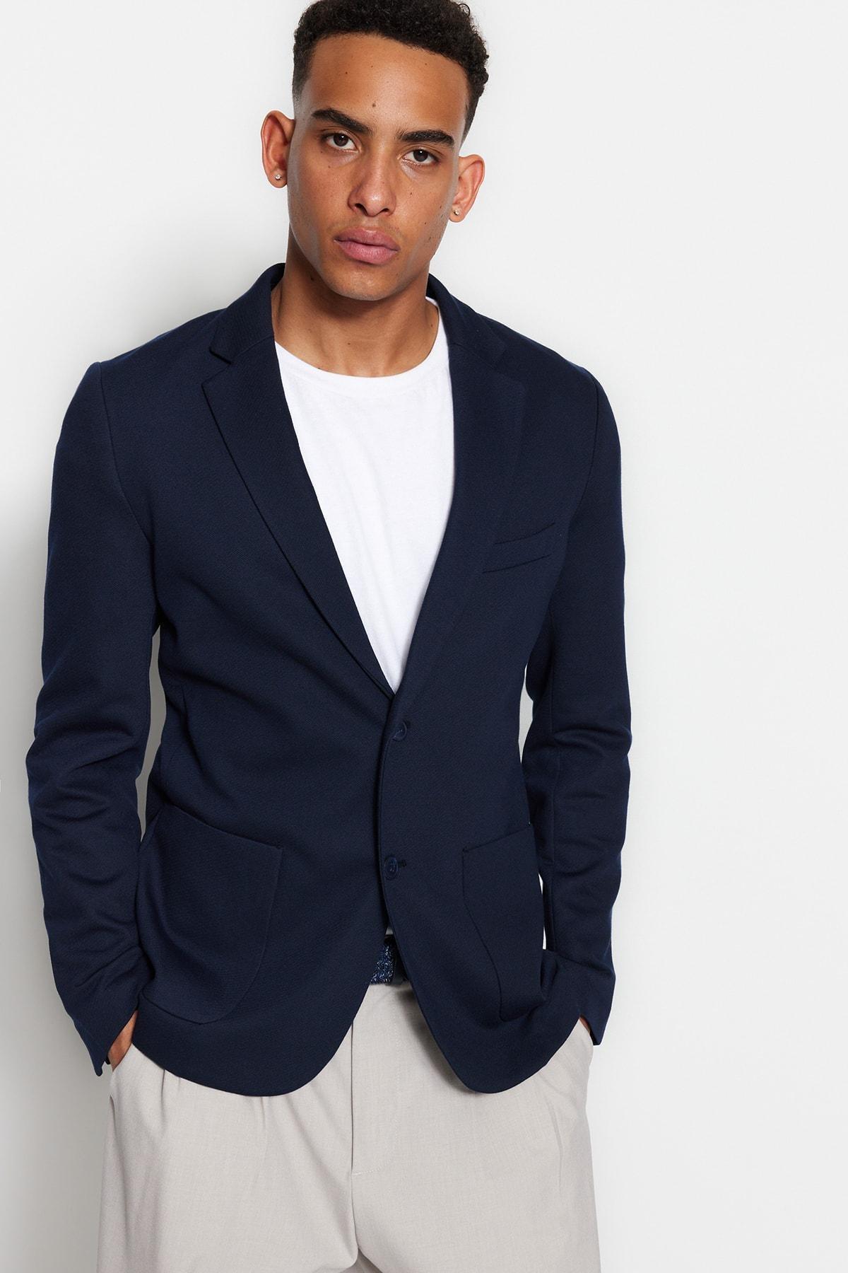 Navy Slim Lapel Collar Jacket, , large image number 1
