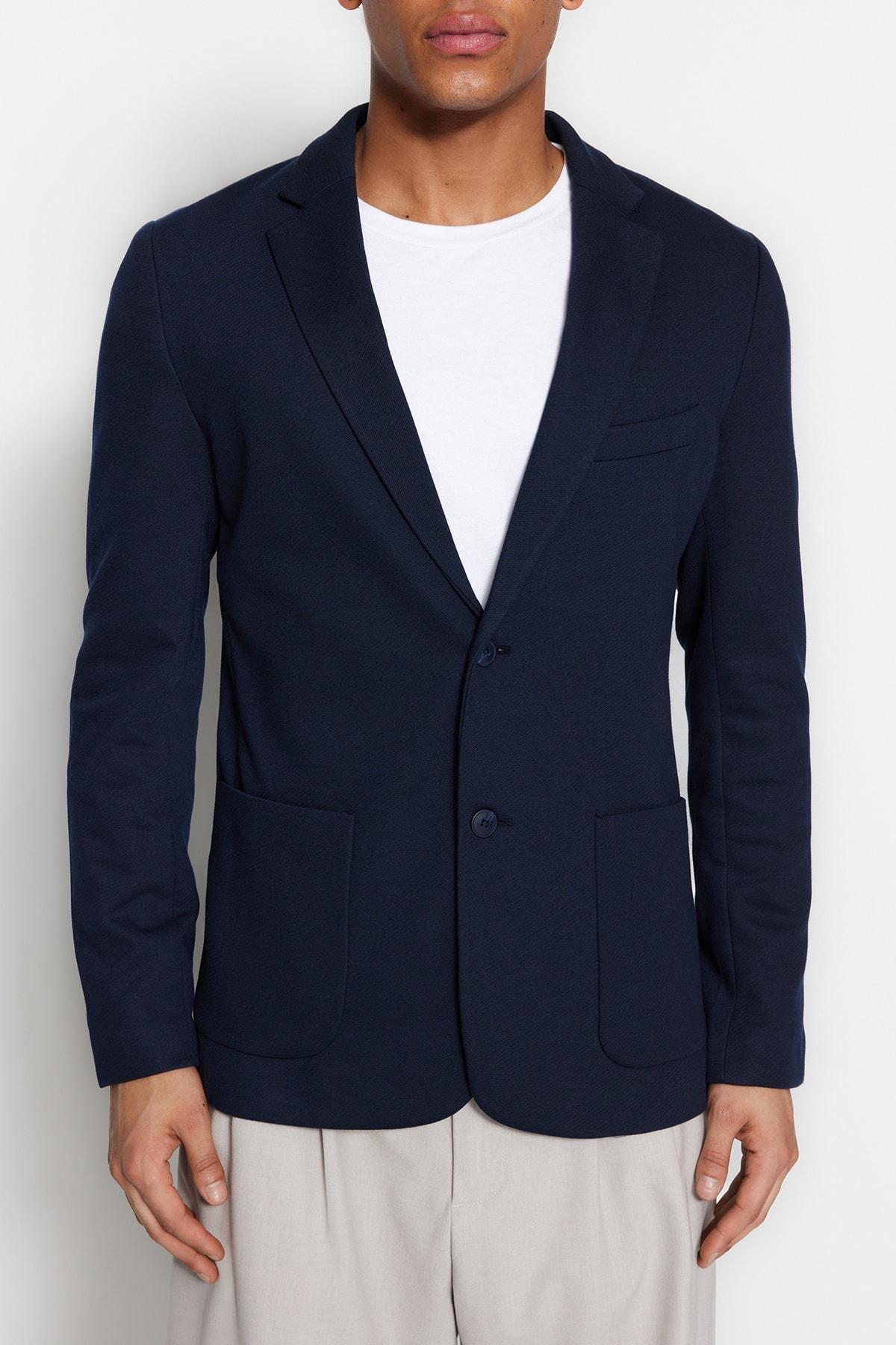 Navy Slim Lapel Collar Jacket, , large image number 2